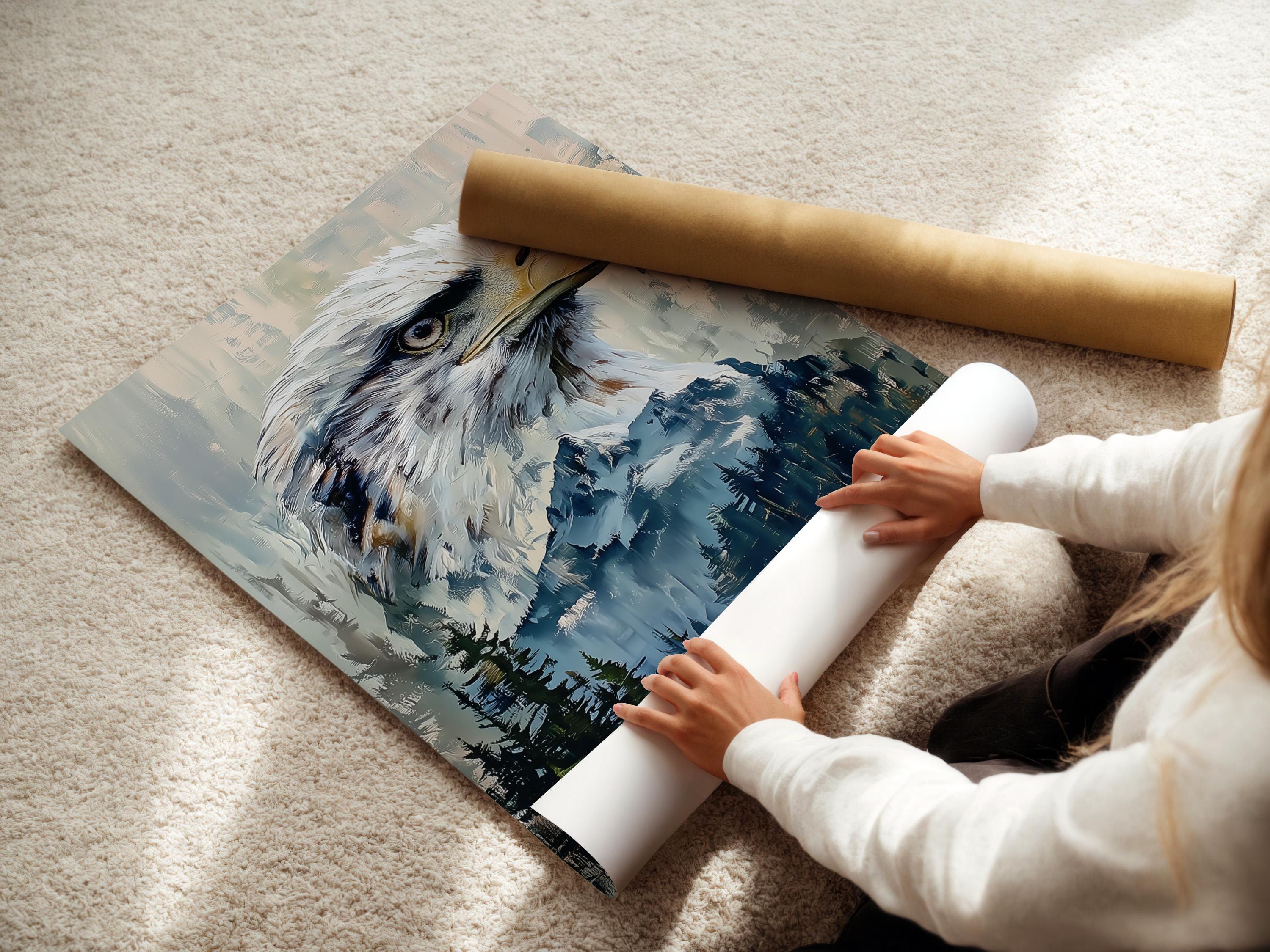 A framed eagle artwork on a wall with several framed mockups beside it