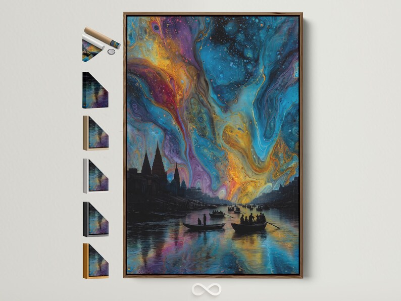 Abstract aurora-style cityscape with blue and gold swirls over a dark river and silhouetted boats