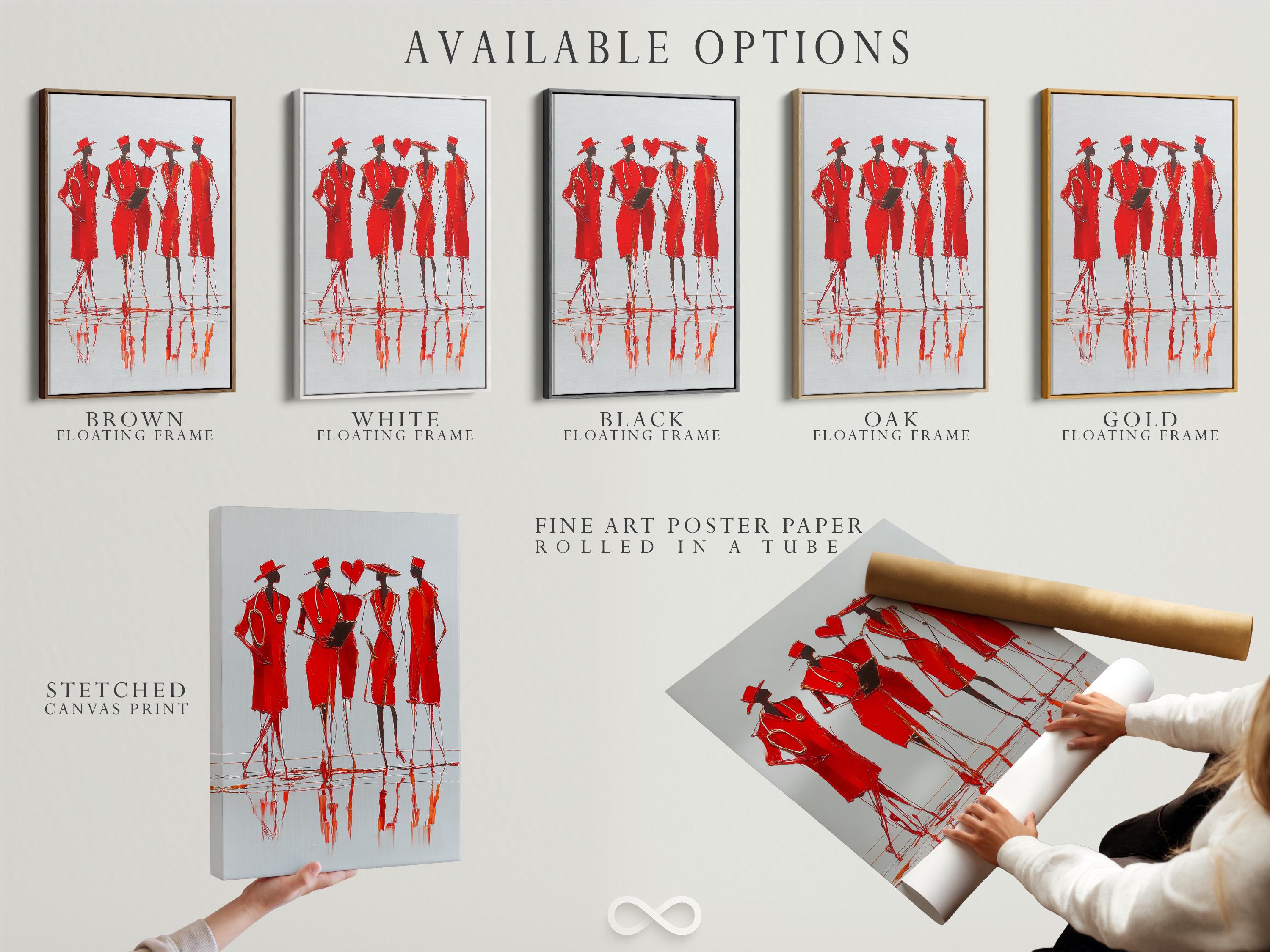 Stylised group of red fashion figures in hats with sketchy outlines and mirrored red reflections detail view
