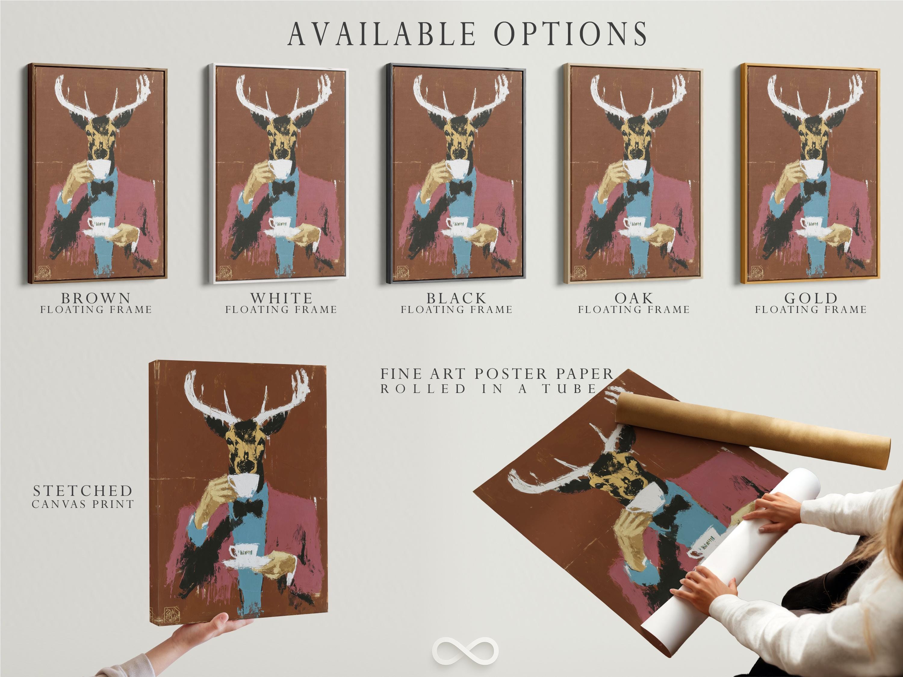 Stylised deer portrait with large antlers and a cup, in warm brown with teal and pink accents detail view