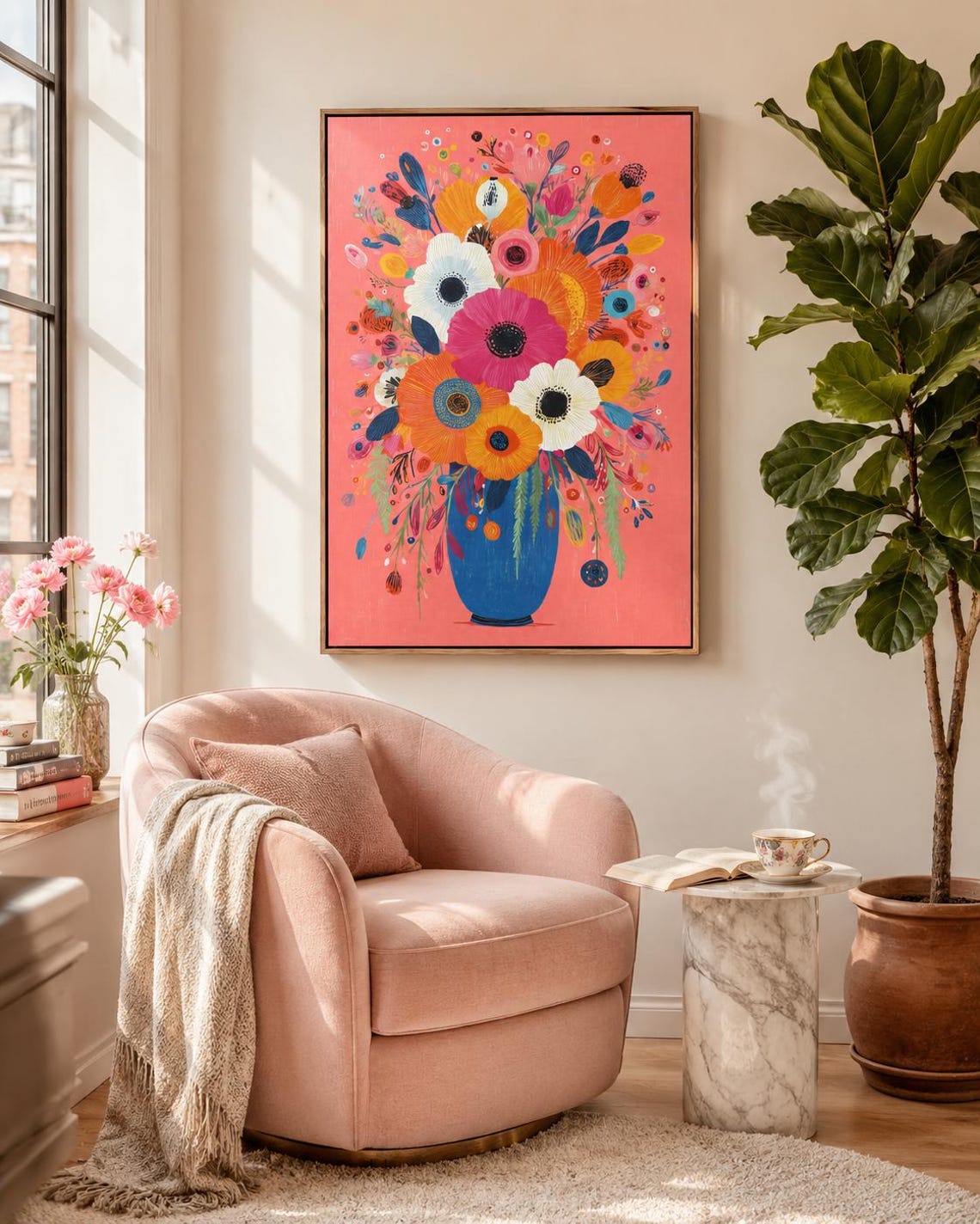 Stylised floral bouquet with large pink flowers in a blue vase on a coral background detail view