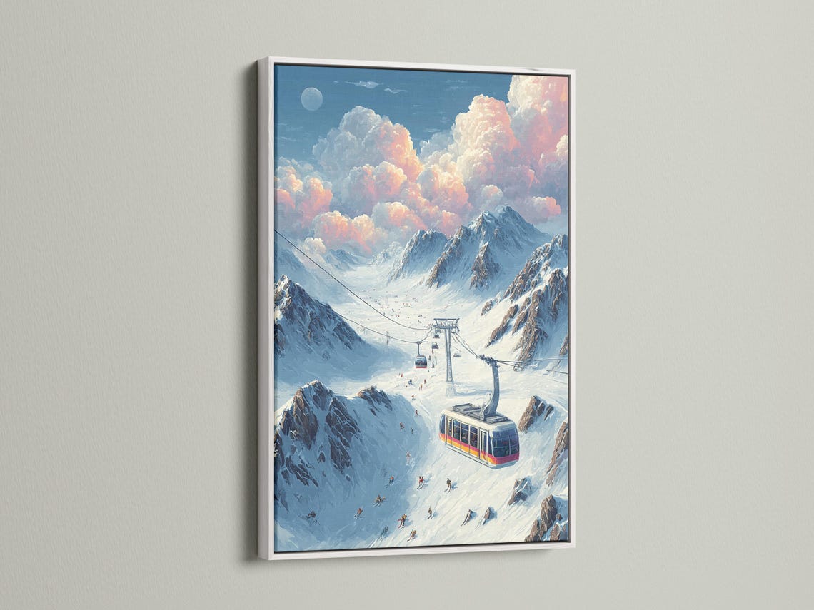Snowy alpine ski scene with a cable car gondola and skiers on mountain slopes detail view