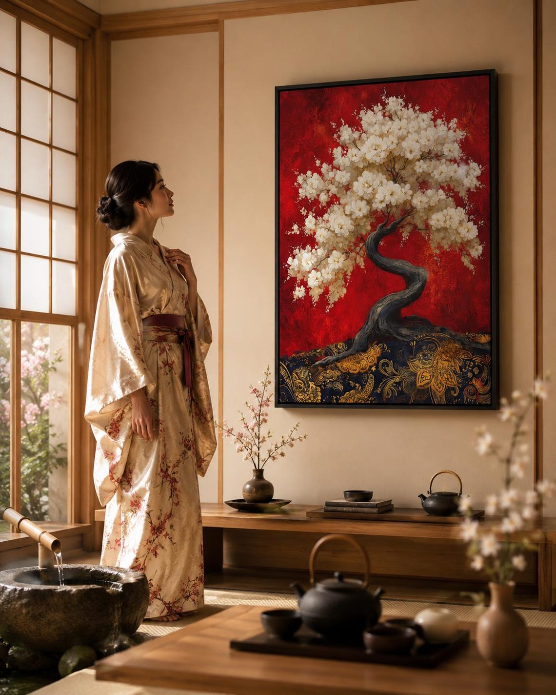 Spa reception scene with a woman seated at a reception desk and a cherry blossom tree artwork on the wall