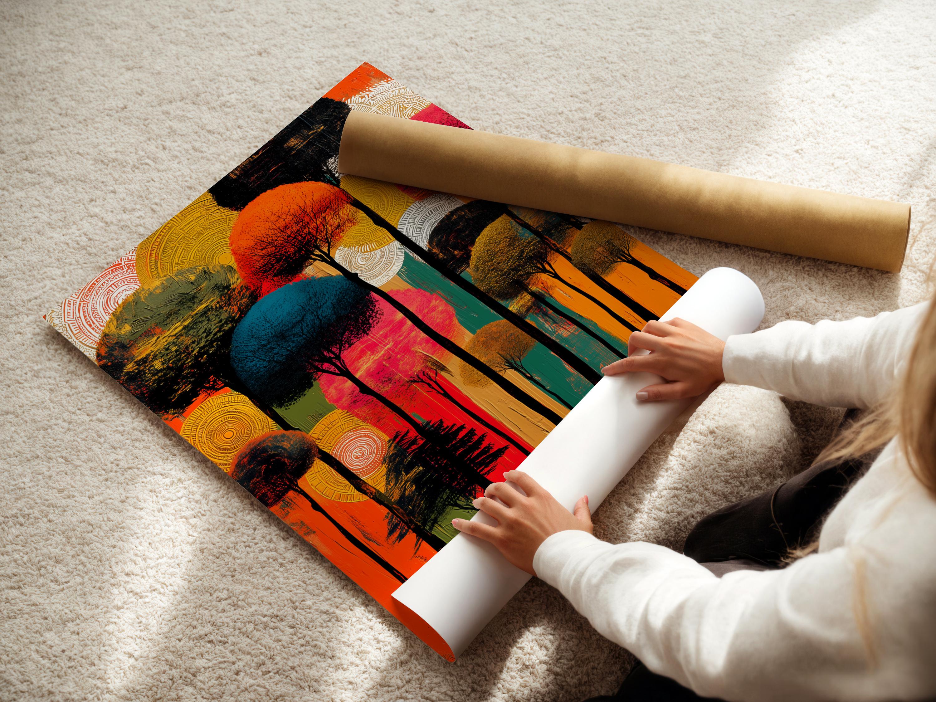 Wall mockup featuring an abstract forest artwork with orange and teal tones and circular line patterns