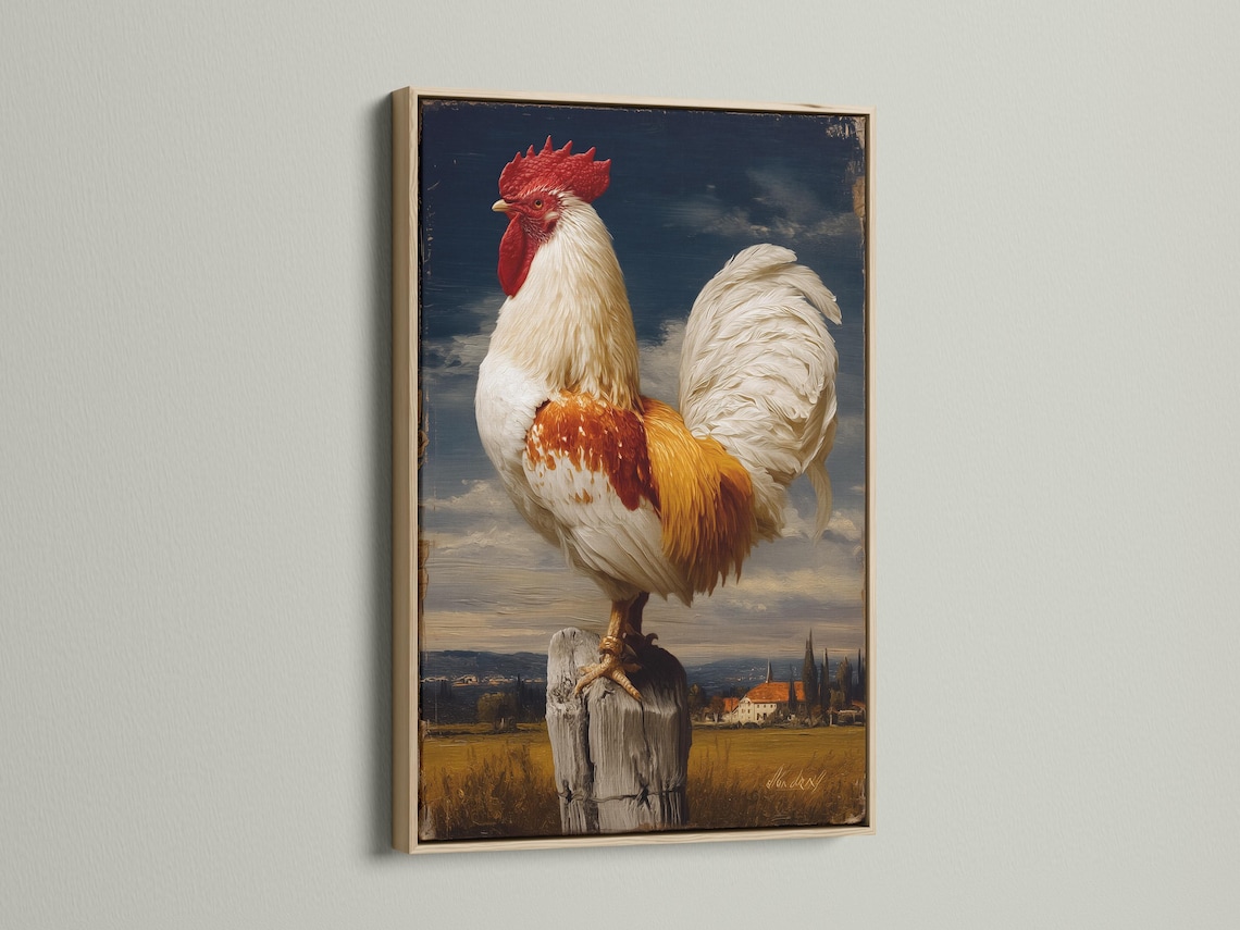 Vintage rooster portrait with red comb and pale feathers in a countryside landscape detail view