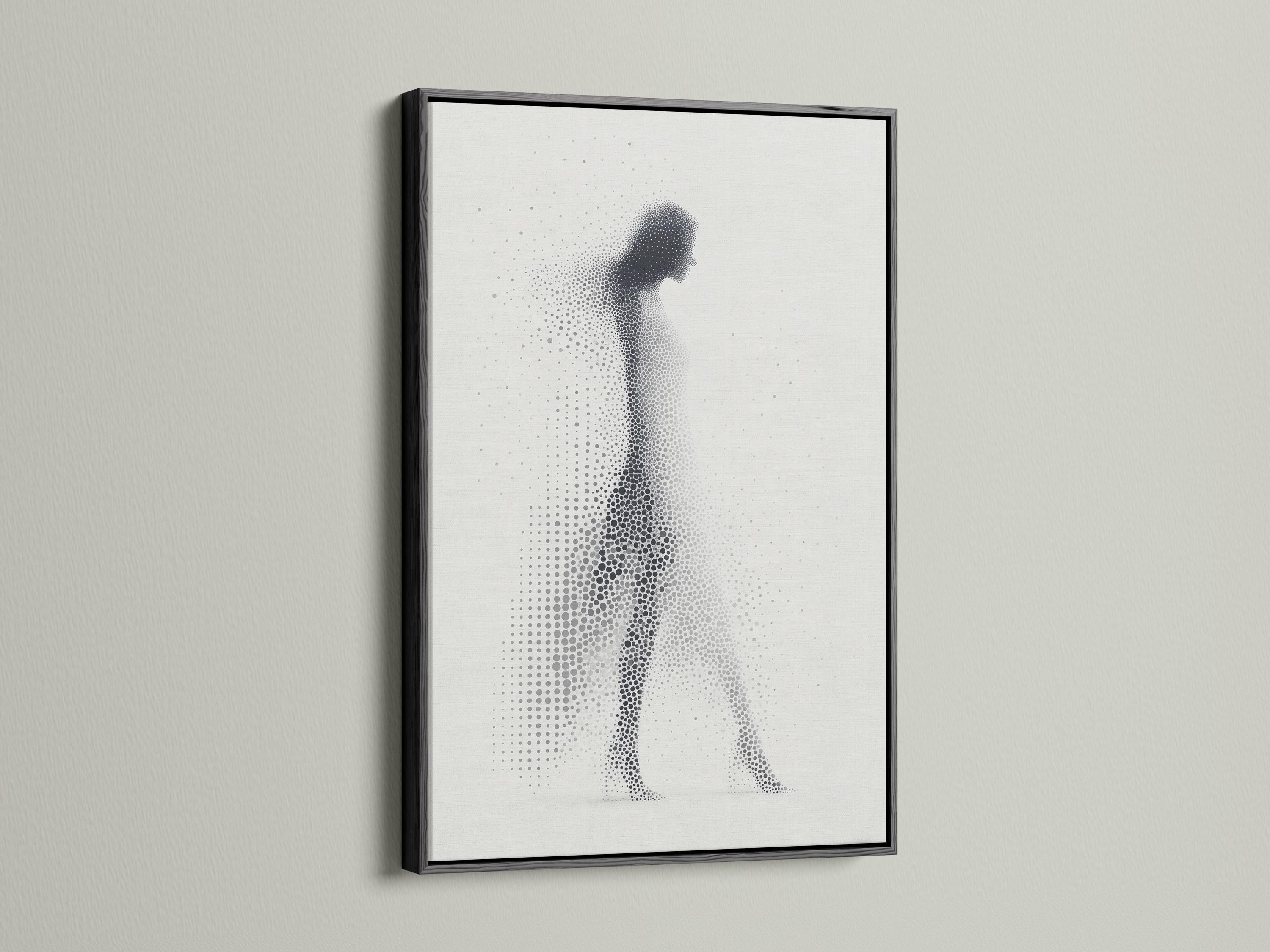 Grey-scale dotted silhouette of a standing human figure on a light background detail view