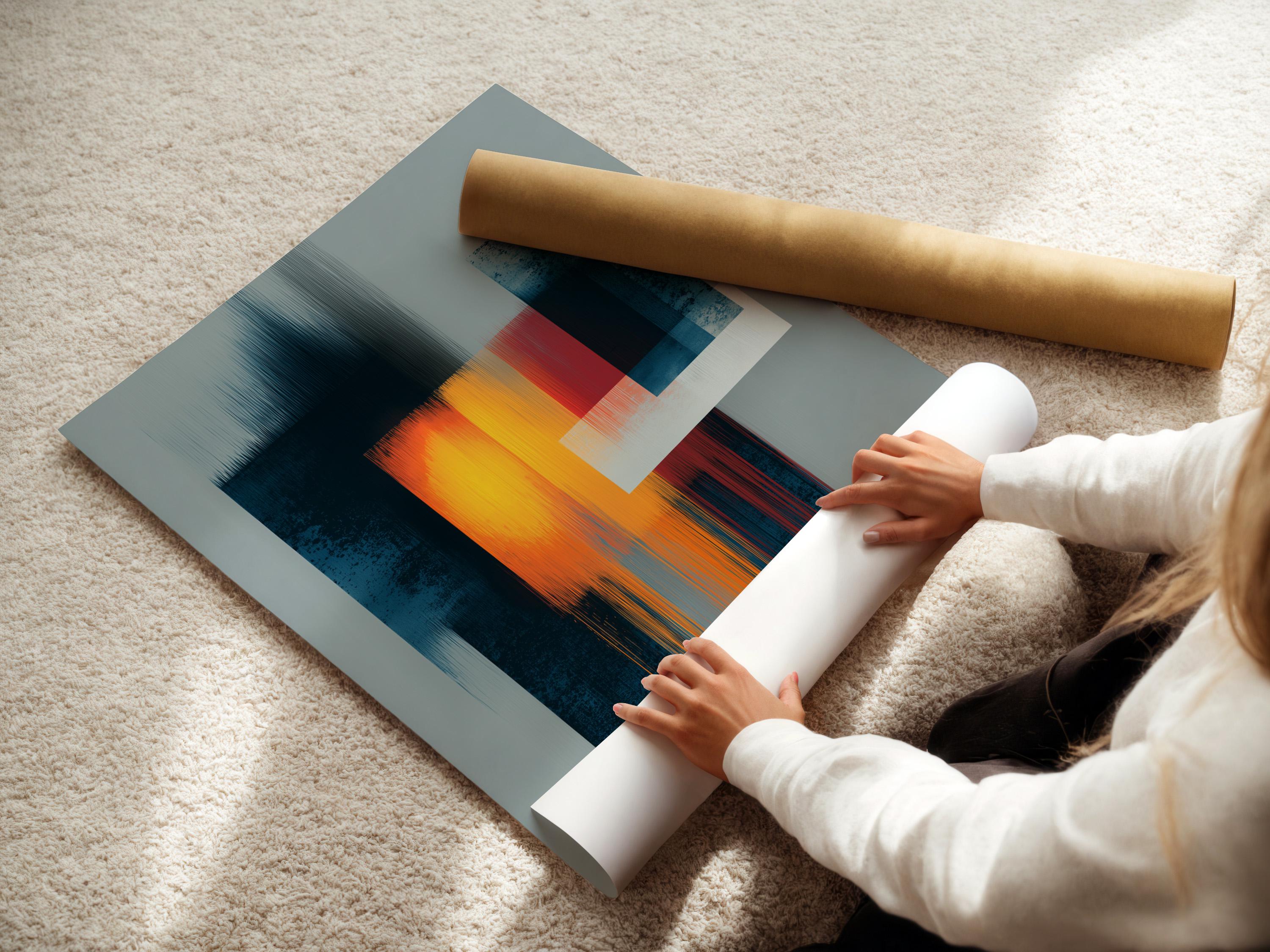 Geometric abstract artwork with teal and grey blocks and a glowing orange-yellow square detail view