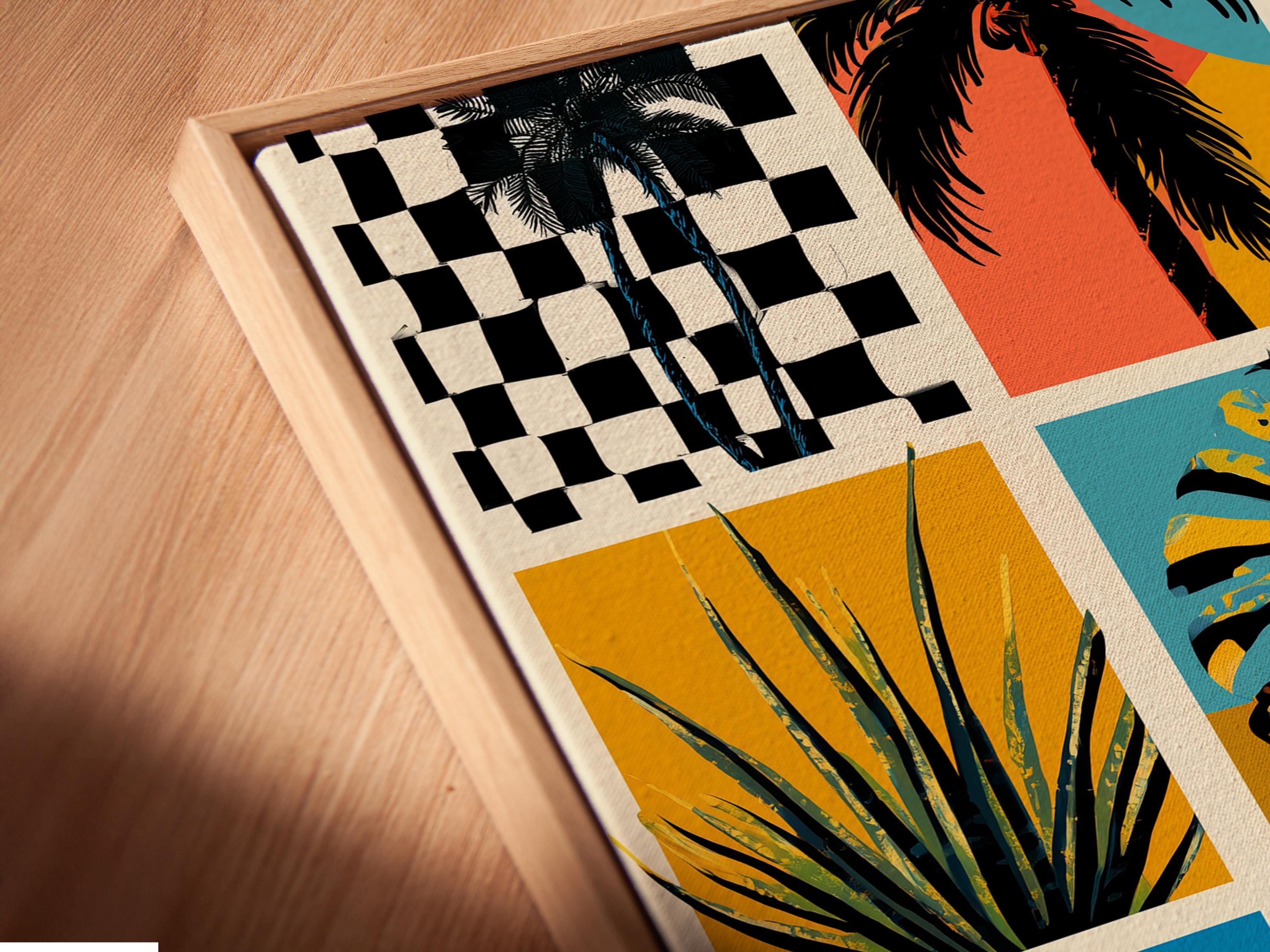 Retro tropical botanical collage on a framed grid, shown in a room mockup with extra artwork