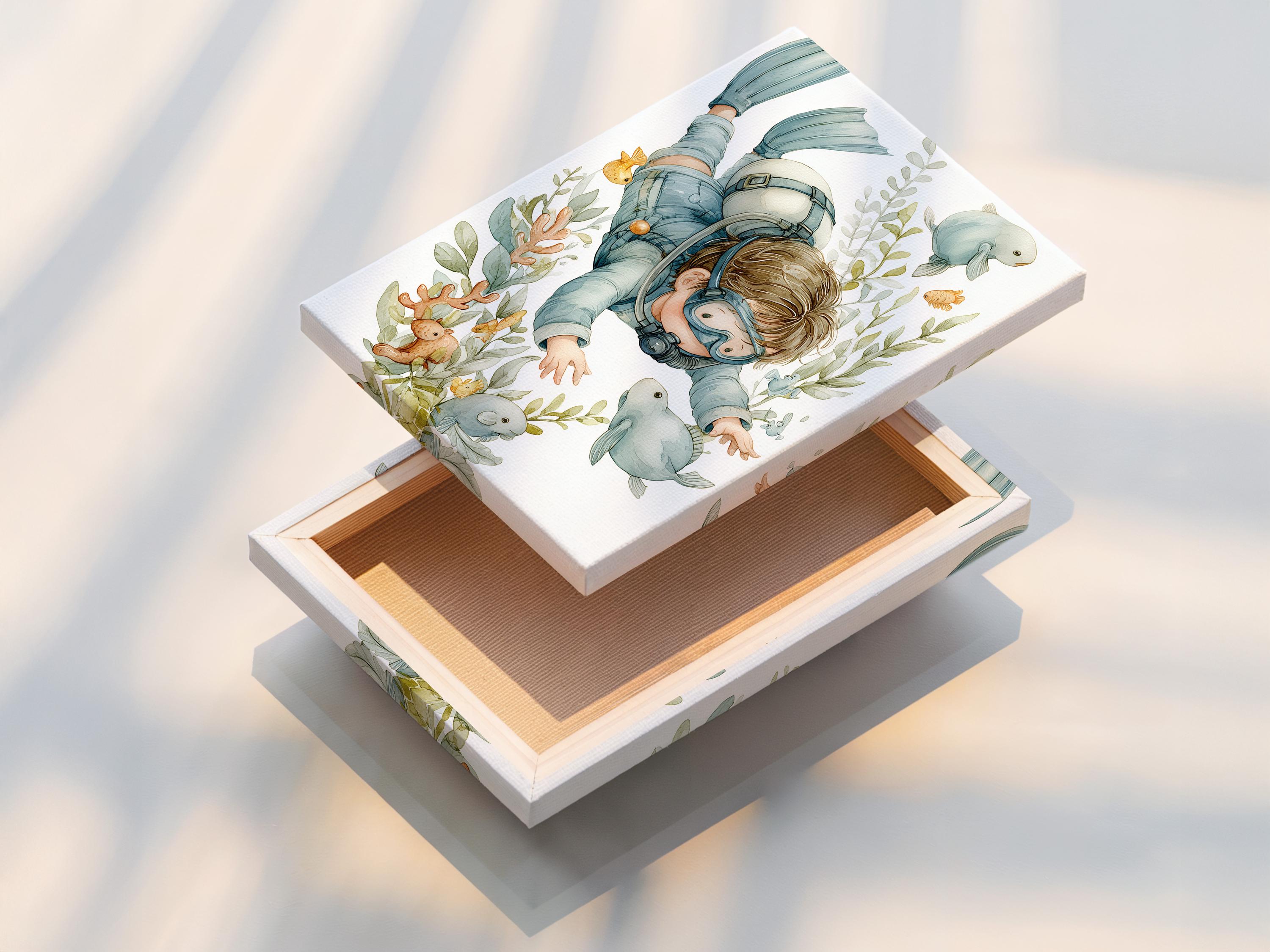 Mockup showing a framed underwater diver illustration with fish and coral