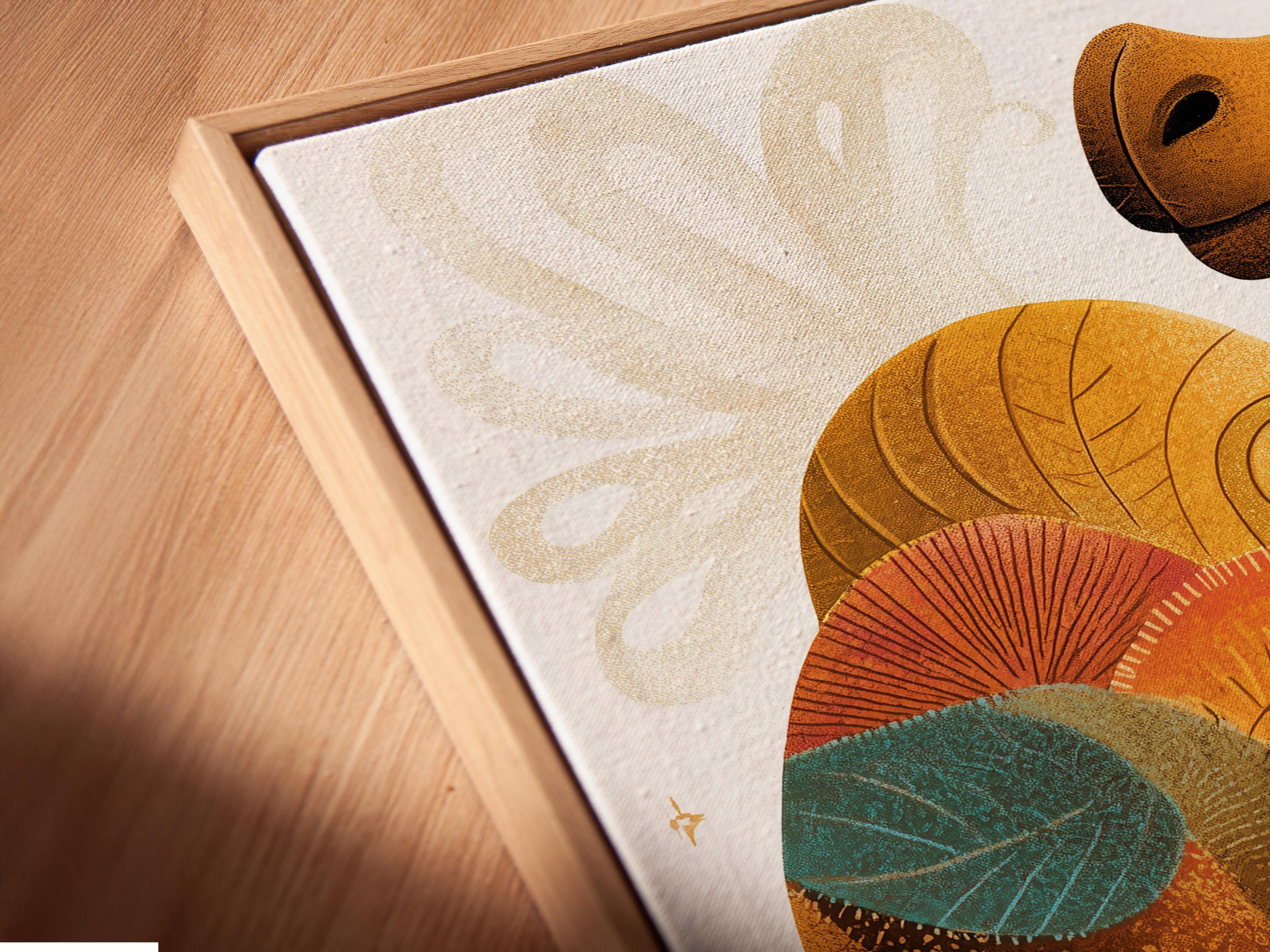Illustrated camel with warm ochre body, teal leaf details and gold star flecks on an off-white background detail view