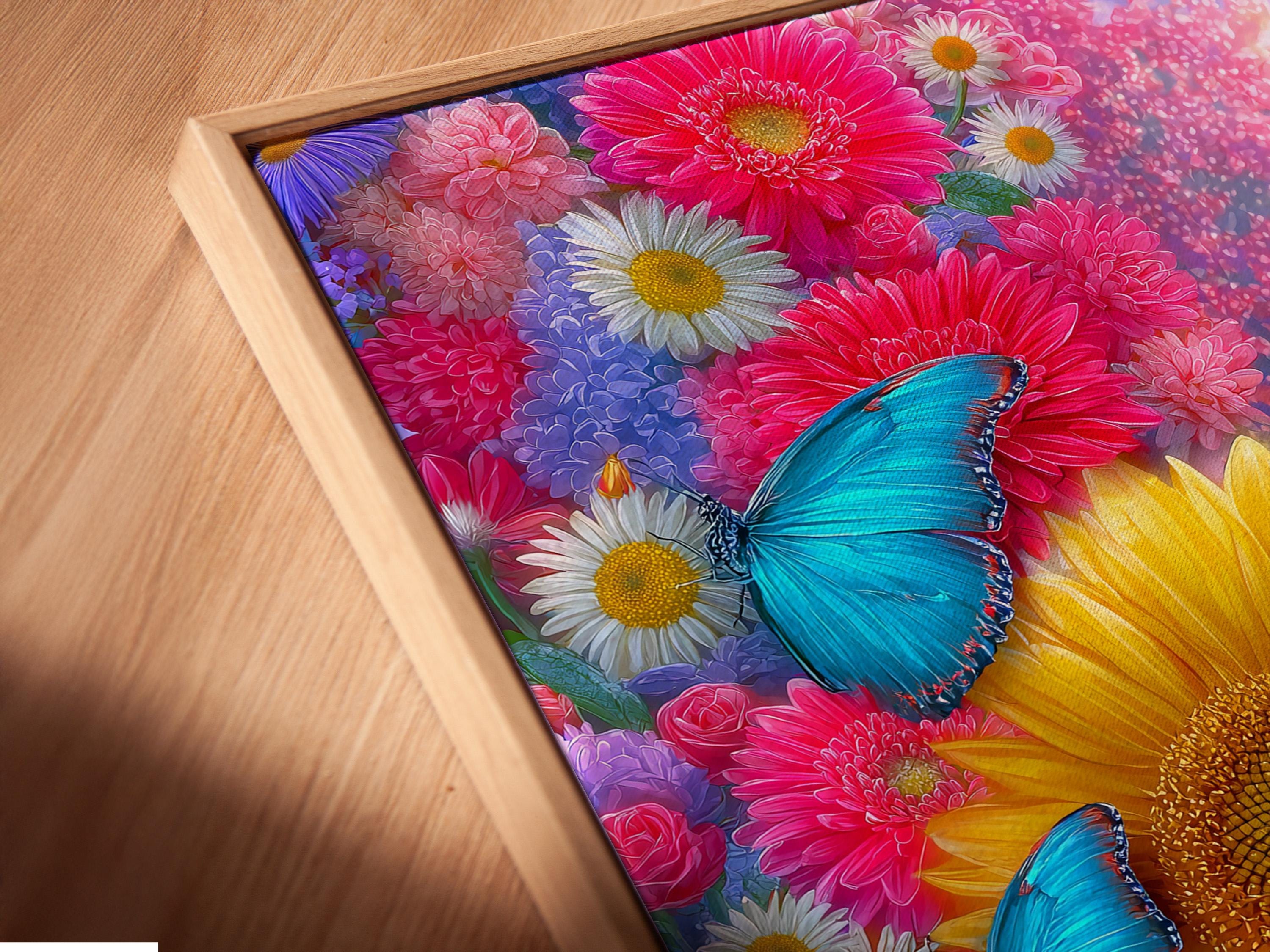 Framed butterfly and sunflower floral artwork mockup on a neutral background