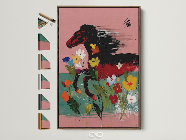 Abstract black horse profile with colourful flowers on a pink background