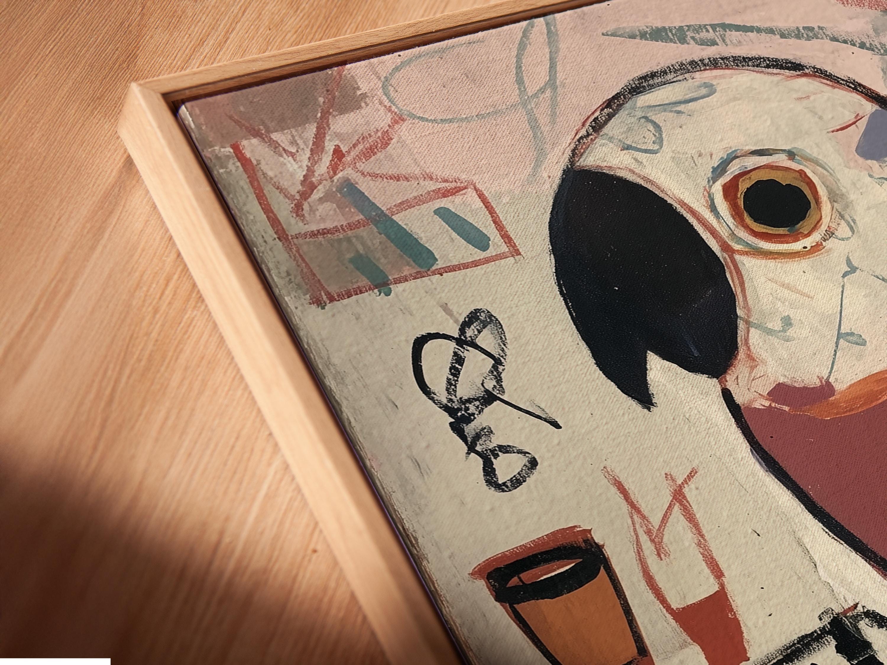 Stylised parrot above a vinyl record and turntable with graffiti-like music doodles detail view