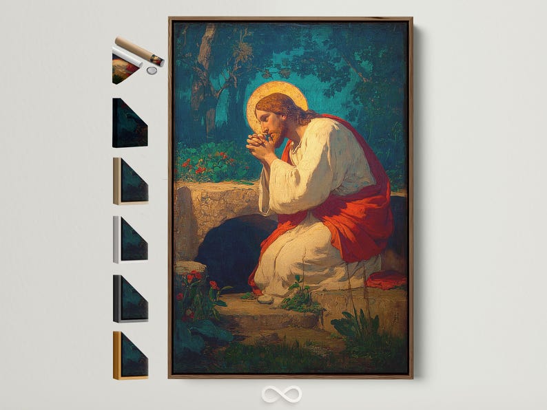 Praying religious portrait with a glowing golden halo against a deep blue-green landscape
