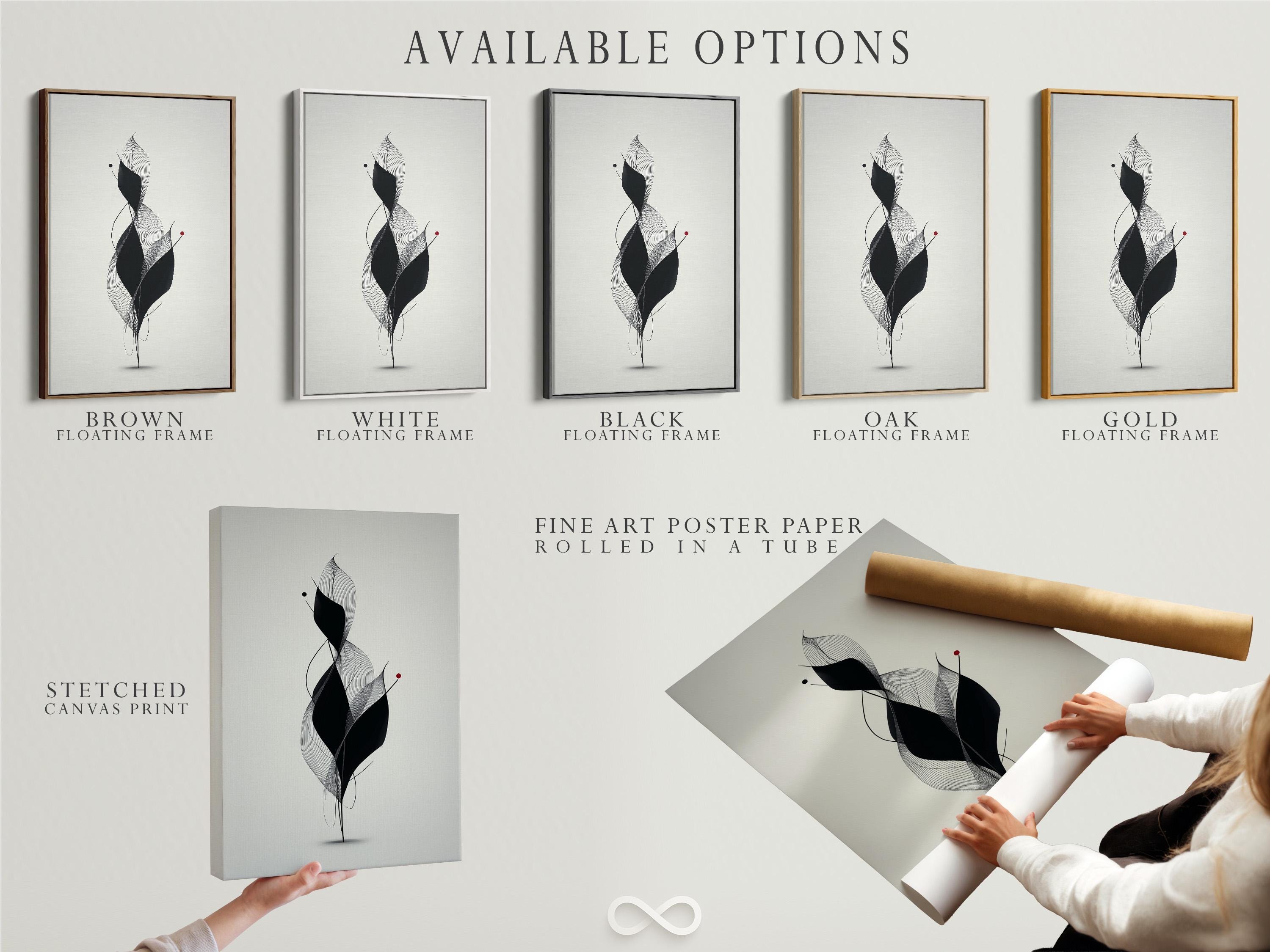 Monochrome abstract flower line art with layered black petals, fine curves and a small red dot detail view