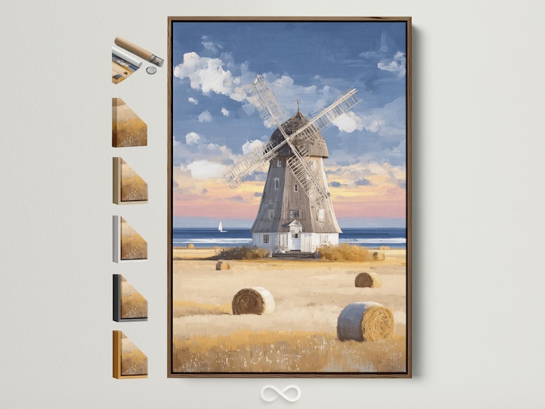 Painterly windmill landscape with hay bales, farmhouse, blue sea and cloudy sky