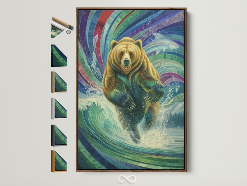 Stylised grizzly bear standing in swirling green and blue wave patterns with a fish