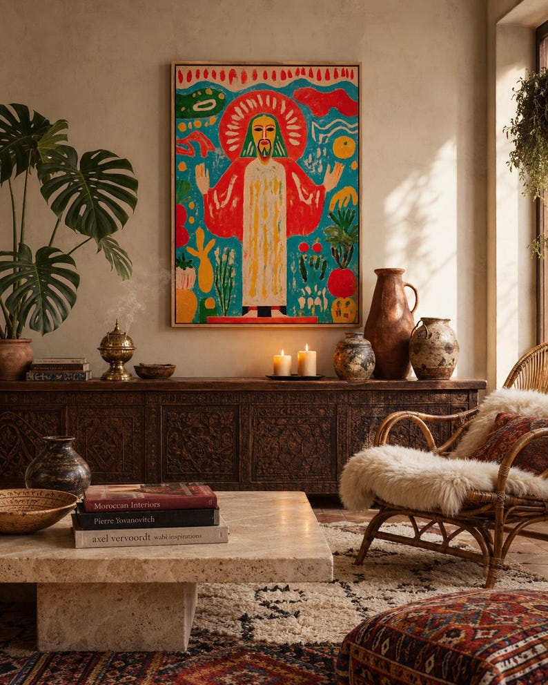Folk-style sacred figure with radiant halo, surrounded by teal pattern and red accents