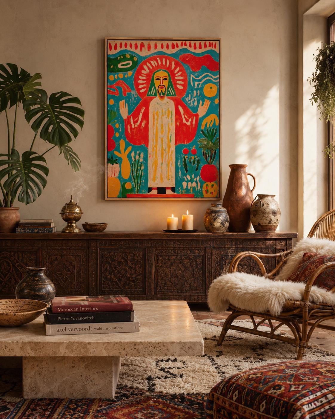 Folk-style sacred figure with radiant halo, surrounded by teal pattern and red accents