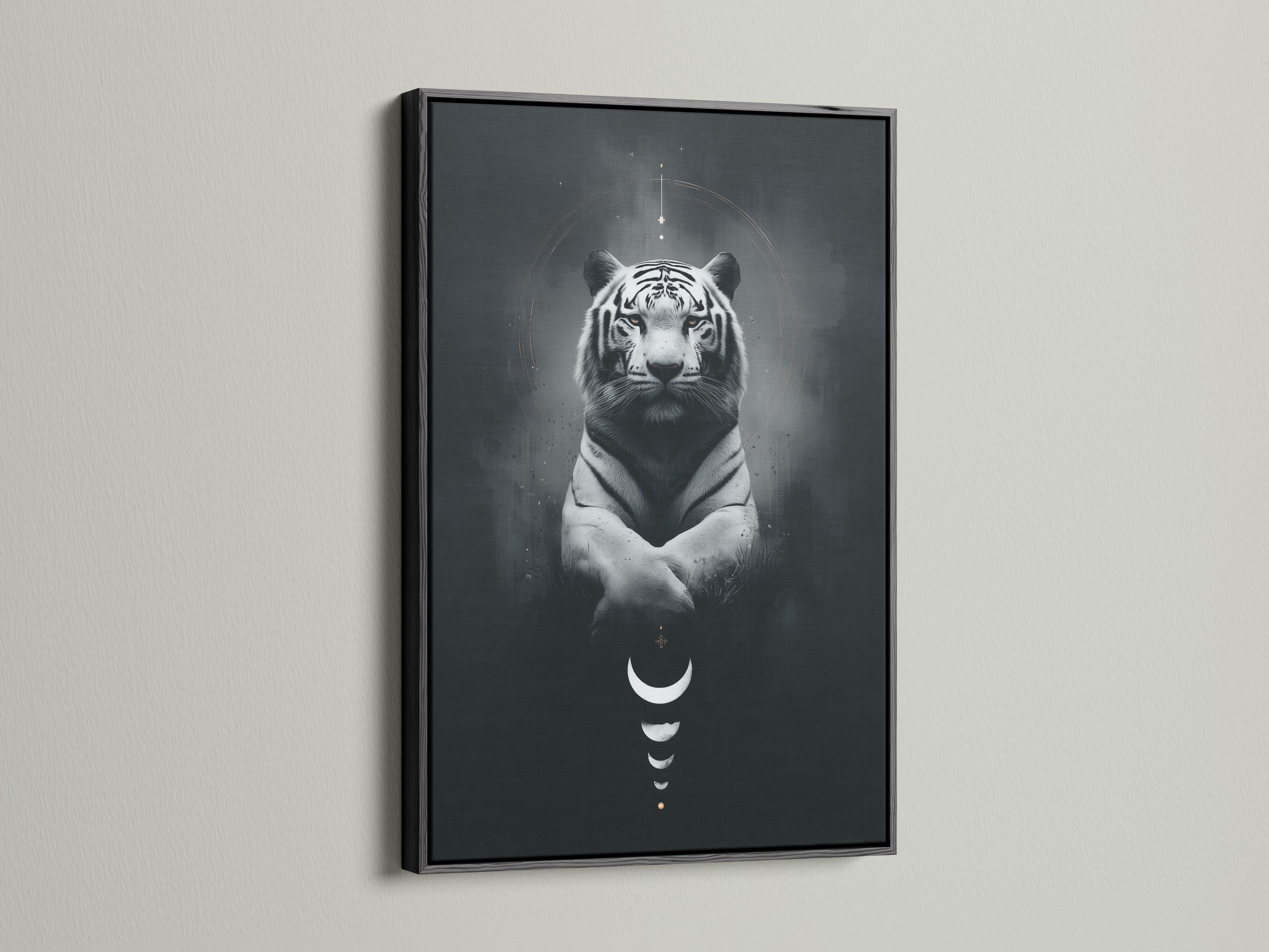 Room mockup showing framed tiger wall art with crescent moons and circular halo