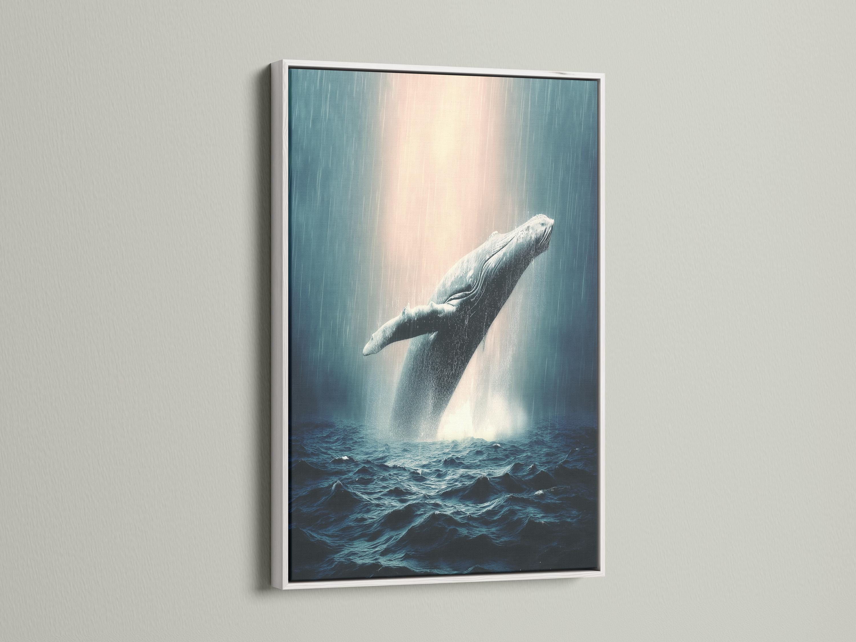 A breaching whale over choppy blue ocean waves with foamy spray and a misty pale sky detail view
