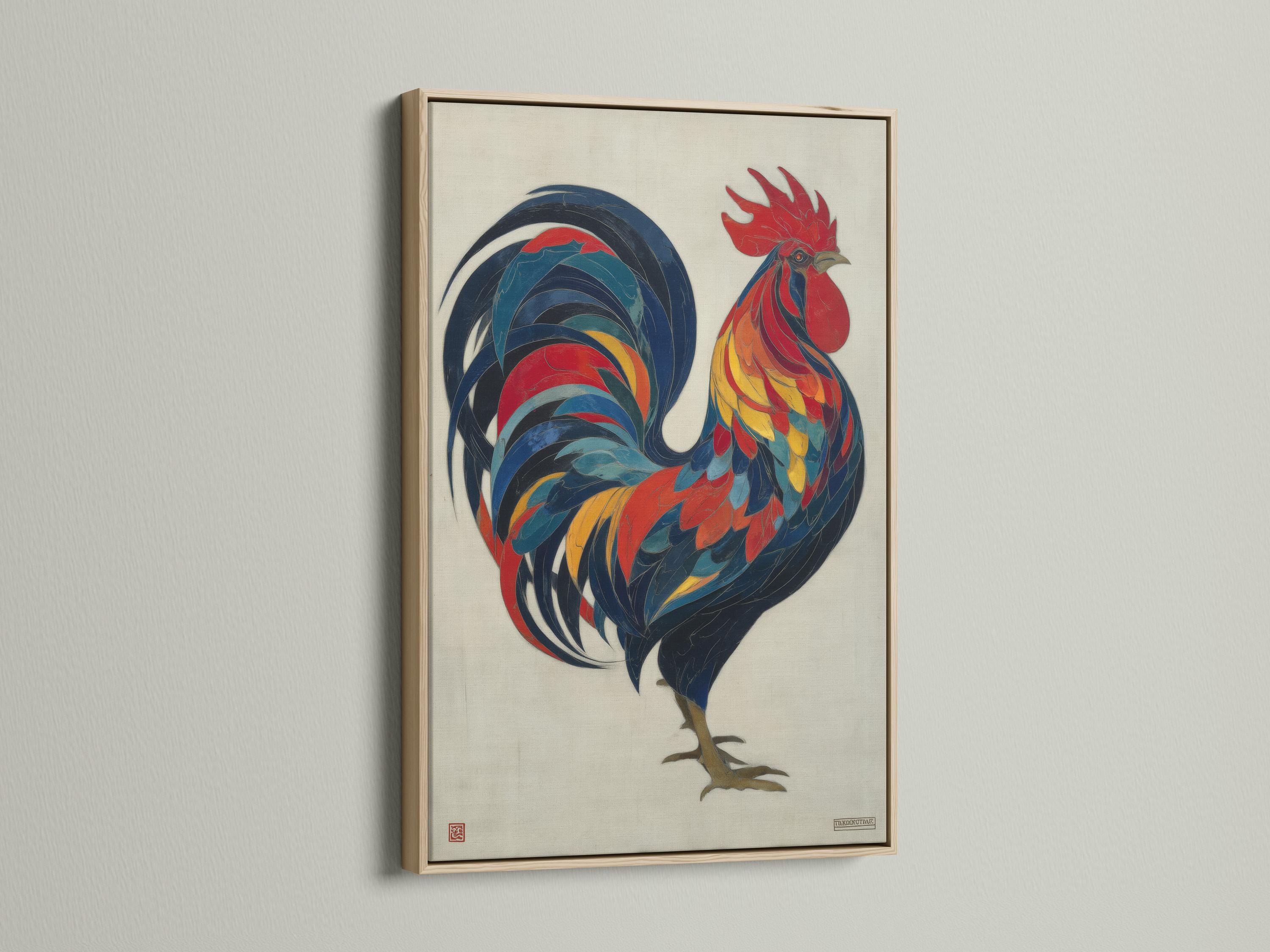 Colourful rooster illustration with layered red, blue and yellow feathers on an off-white background detail view