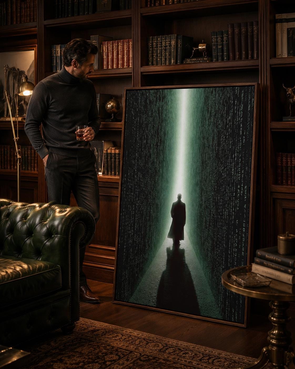 Room scene showing neon green cyberpunk corridor artwork with code-like characters