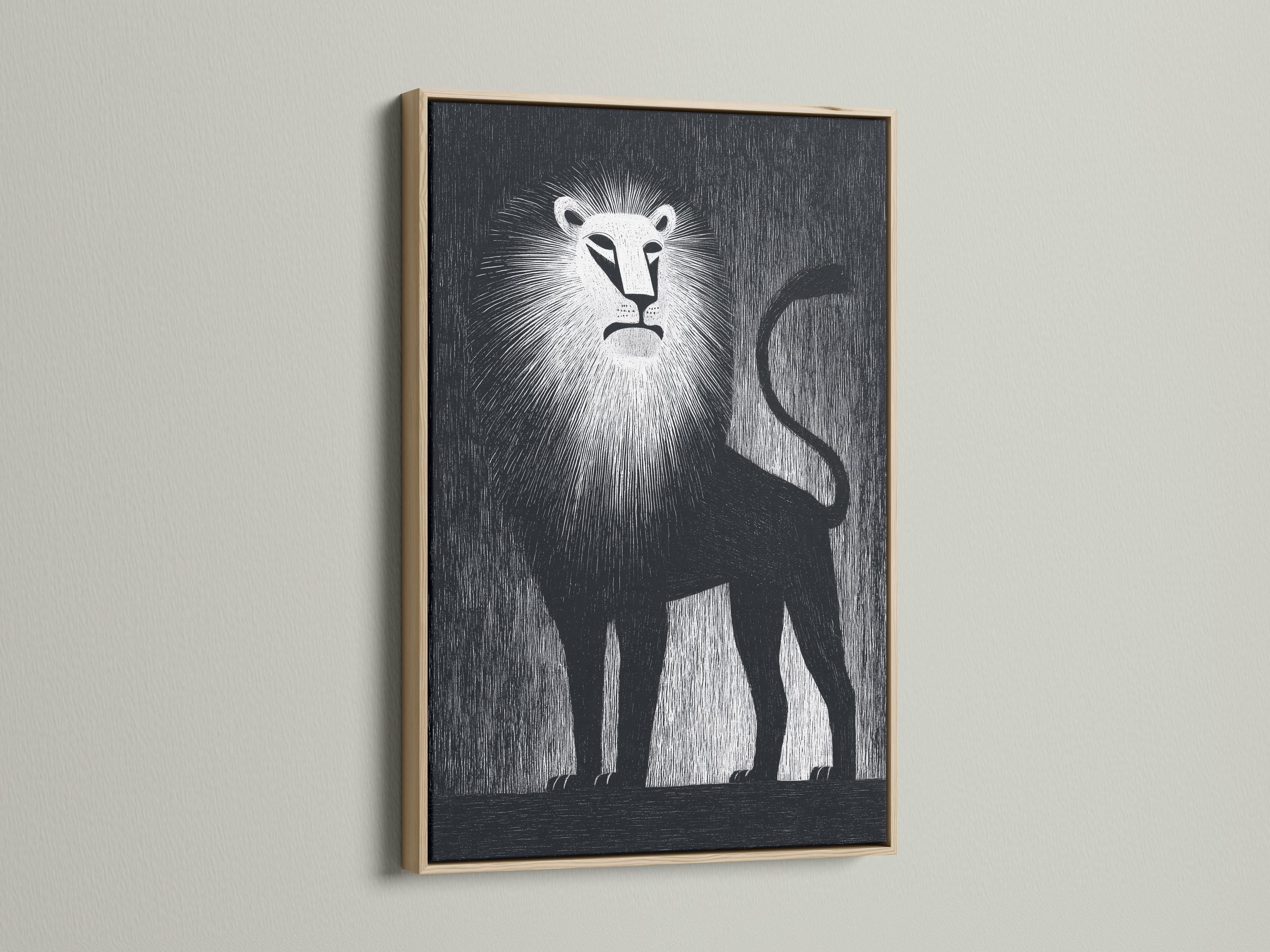A person standing beside a framed black and white lion artwork in a modern interior