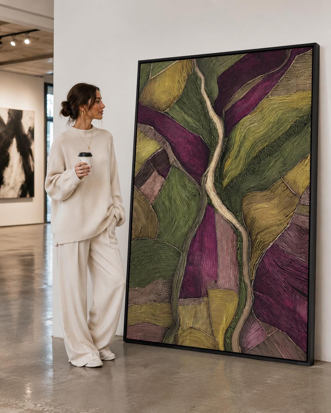 Room mockup with a framed abstract landscape artwork in green and plum tones