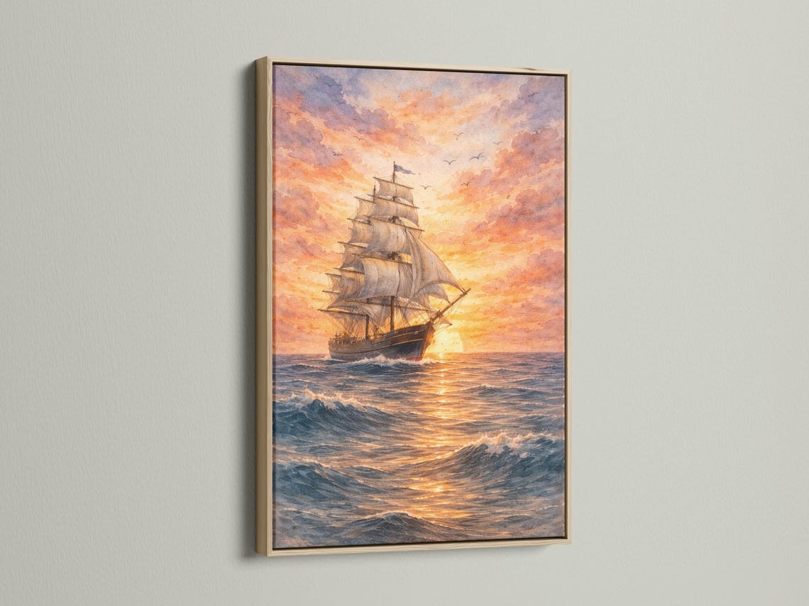 A sailboat cruises through choppy blue waves beneath a glowing orange sunset sky, with scattered clouds and small birds flying overhead detail view