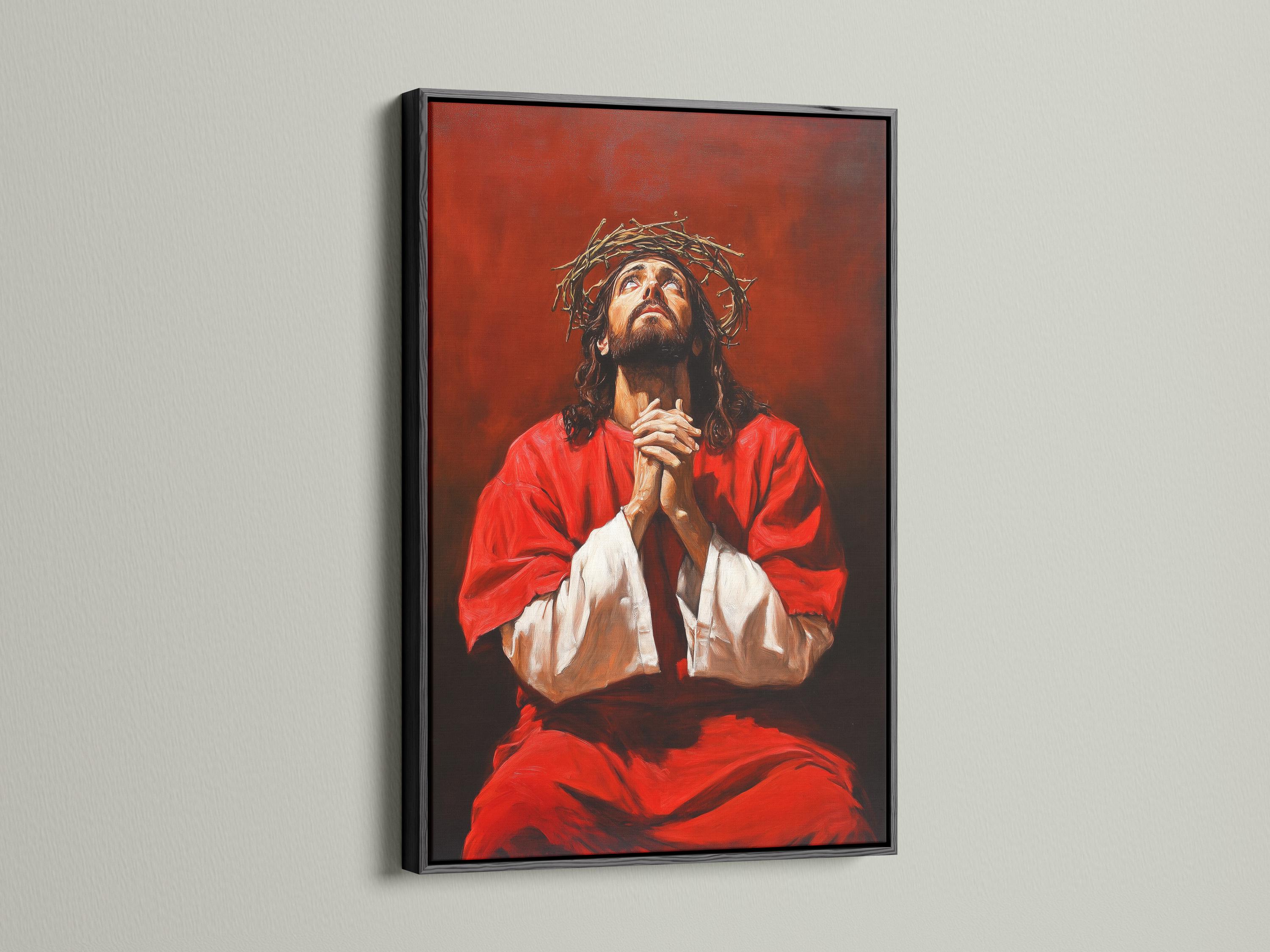Painterly portrait of Jesus with a crown of thorns, red robe, and praying hands against a dark red-brown background detail view