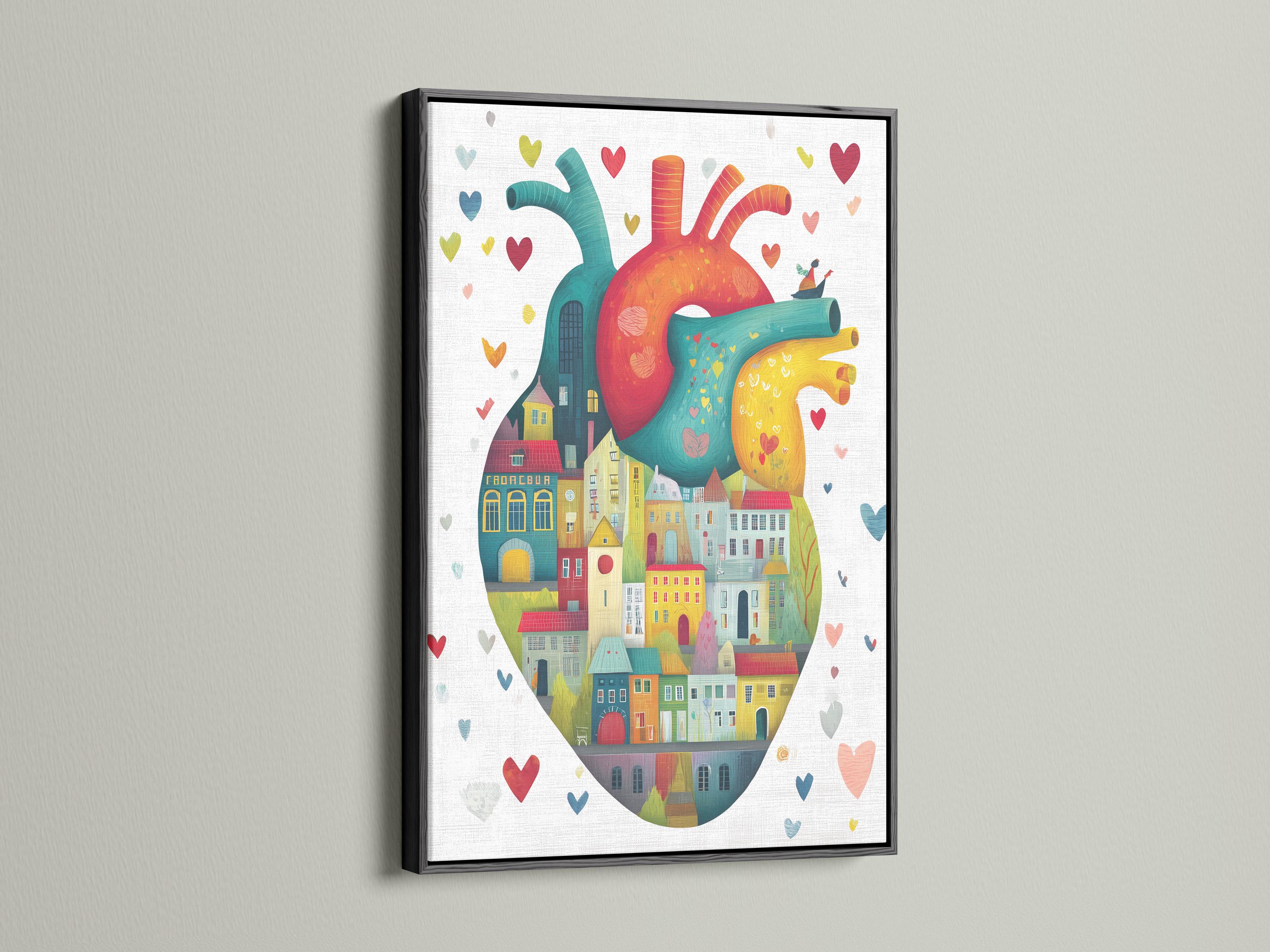 Teal anatomical heart filled with colourful city houses and small floating hearts detail view