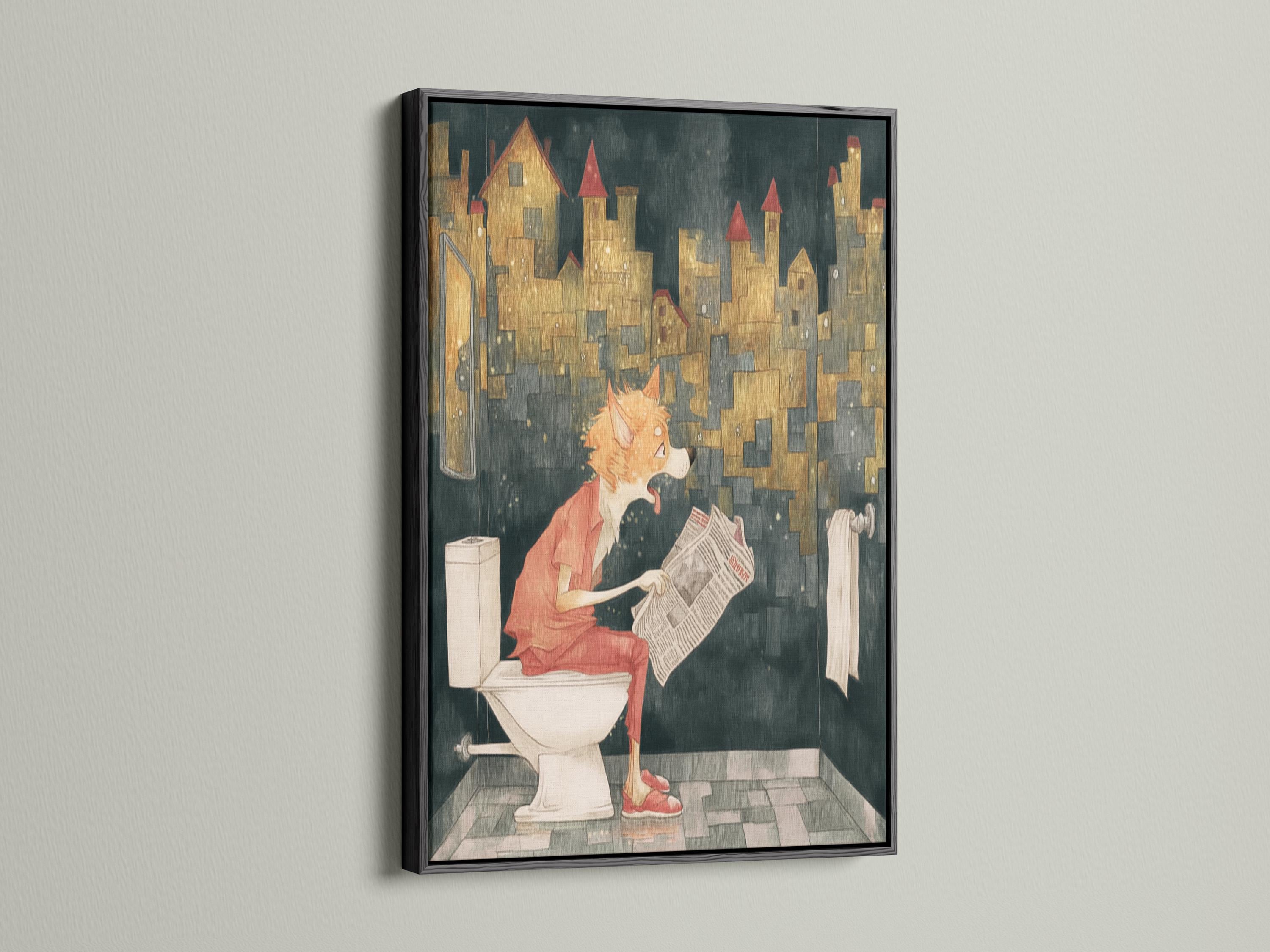 Orange fox reading a newspaper while seated on a white toilet with a moody cityscape background detail view