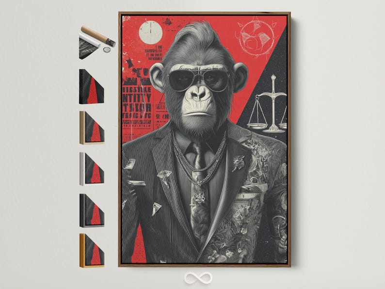 Gorilla lawyer portrait with oversized glasses and scales of justice on a red and black background