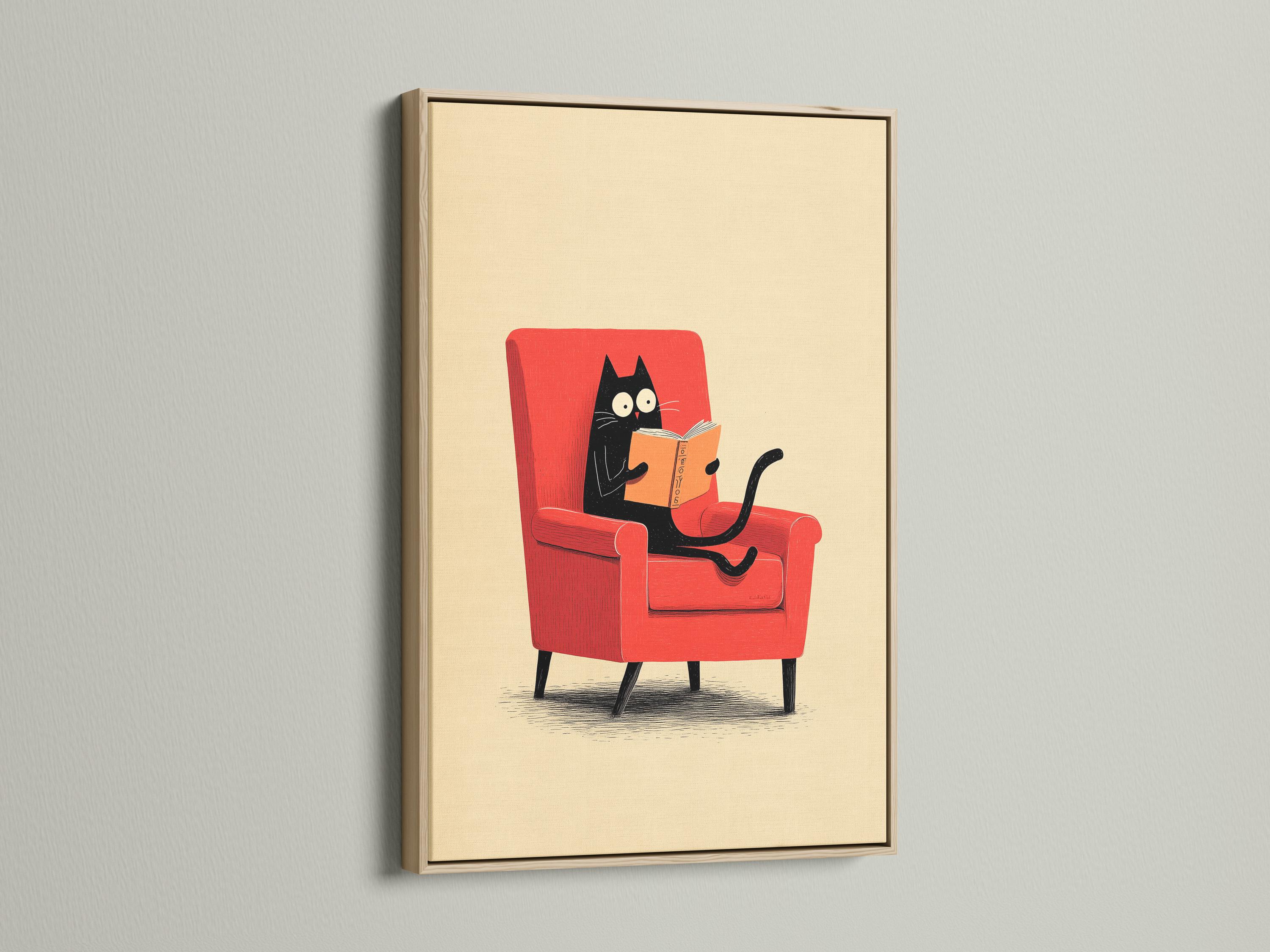 Illustrated black cat reading an orange book while seated in a red armchair detail view