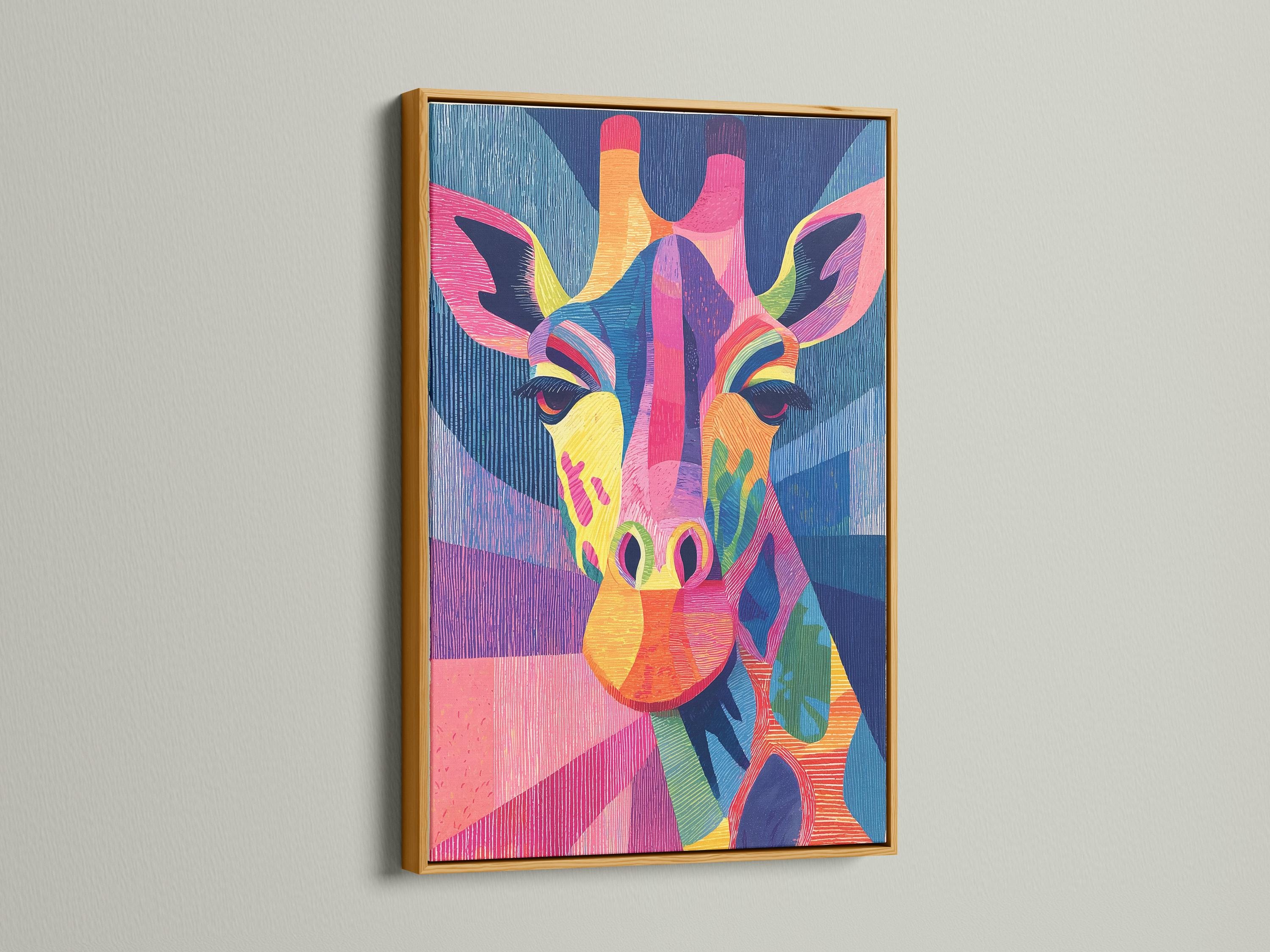 Stylised rainbow giraffe portrait with textured blue, pink and purple geometric background detail view