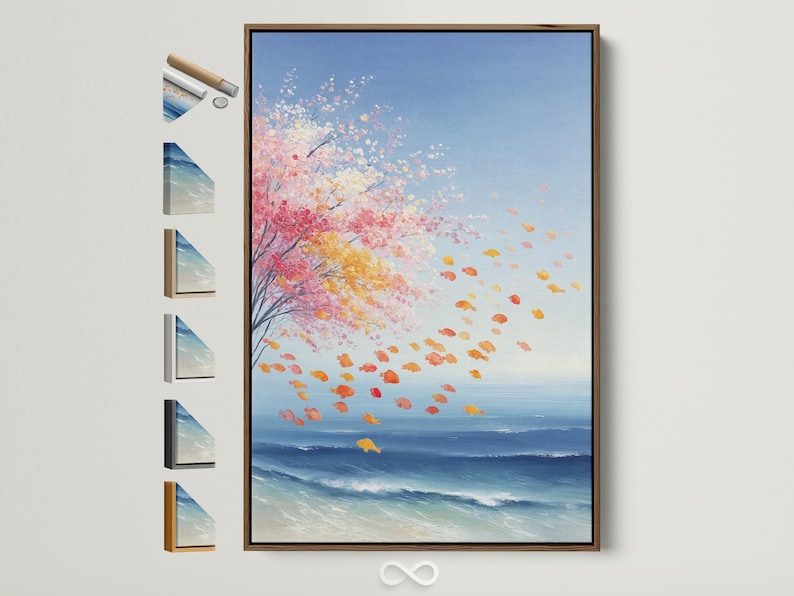Coastal seascape with a blossoming tree releasing pink petals over a blue ocean horizon