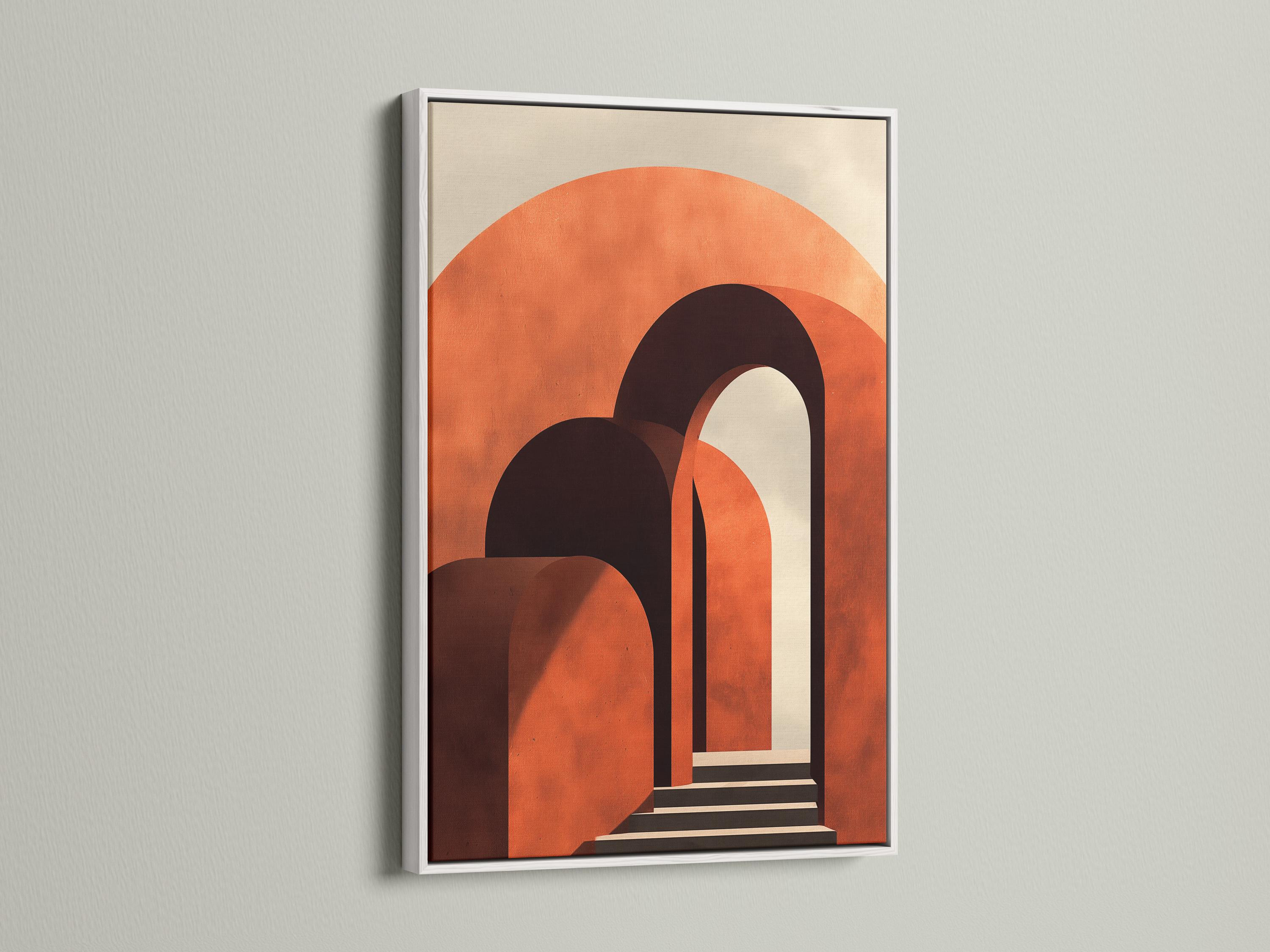 Abstract geometric archway artwork with burnt orange curves and dark charcoal doorway shapes detail view