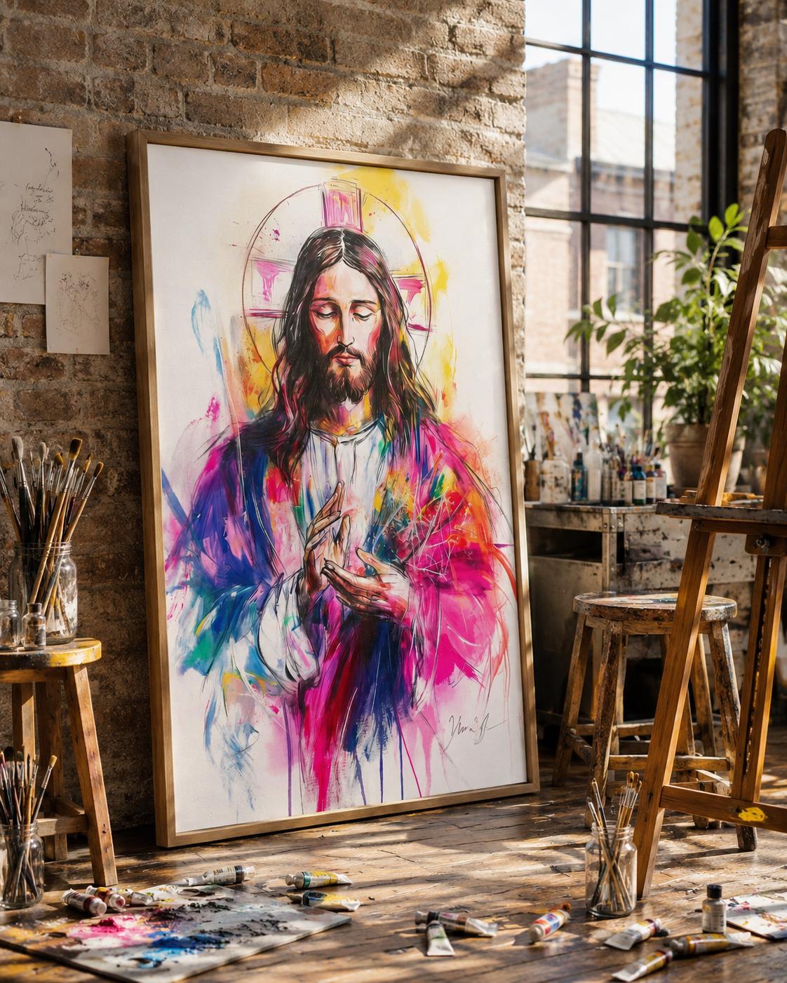 Religious portrait artwork of Jesus with halo displayed above a wooden table in a hallway