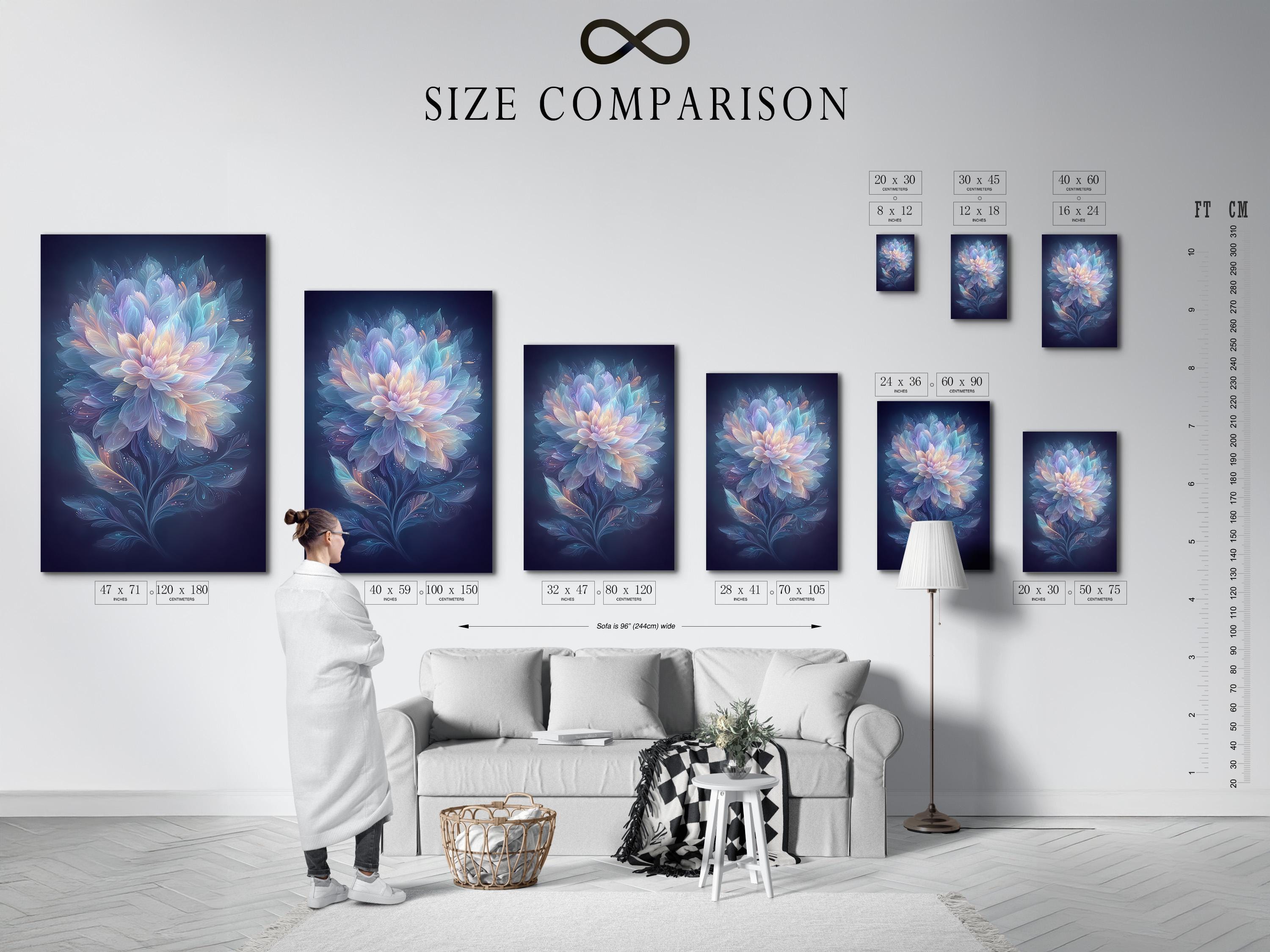 Wall mockup showing a framed floral artwork with pastel petals on deep navy blue
