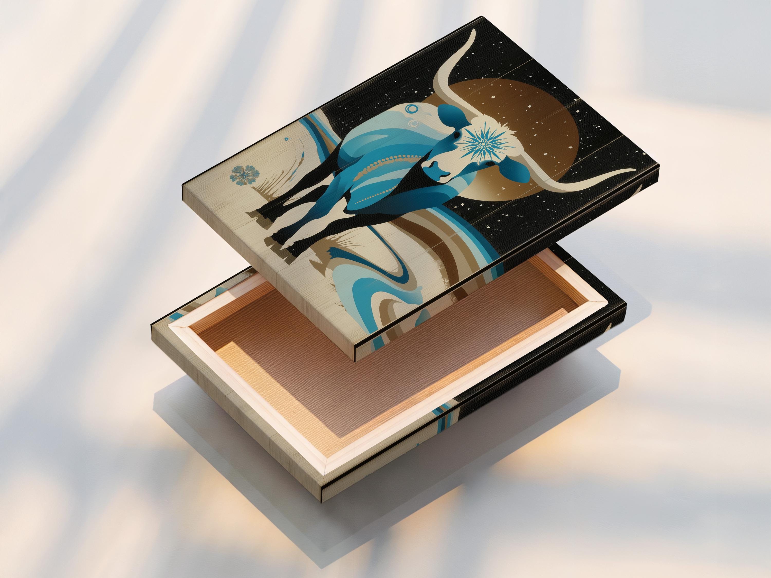 Artwork shown framed on a wall with several frame colour options nearby