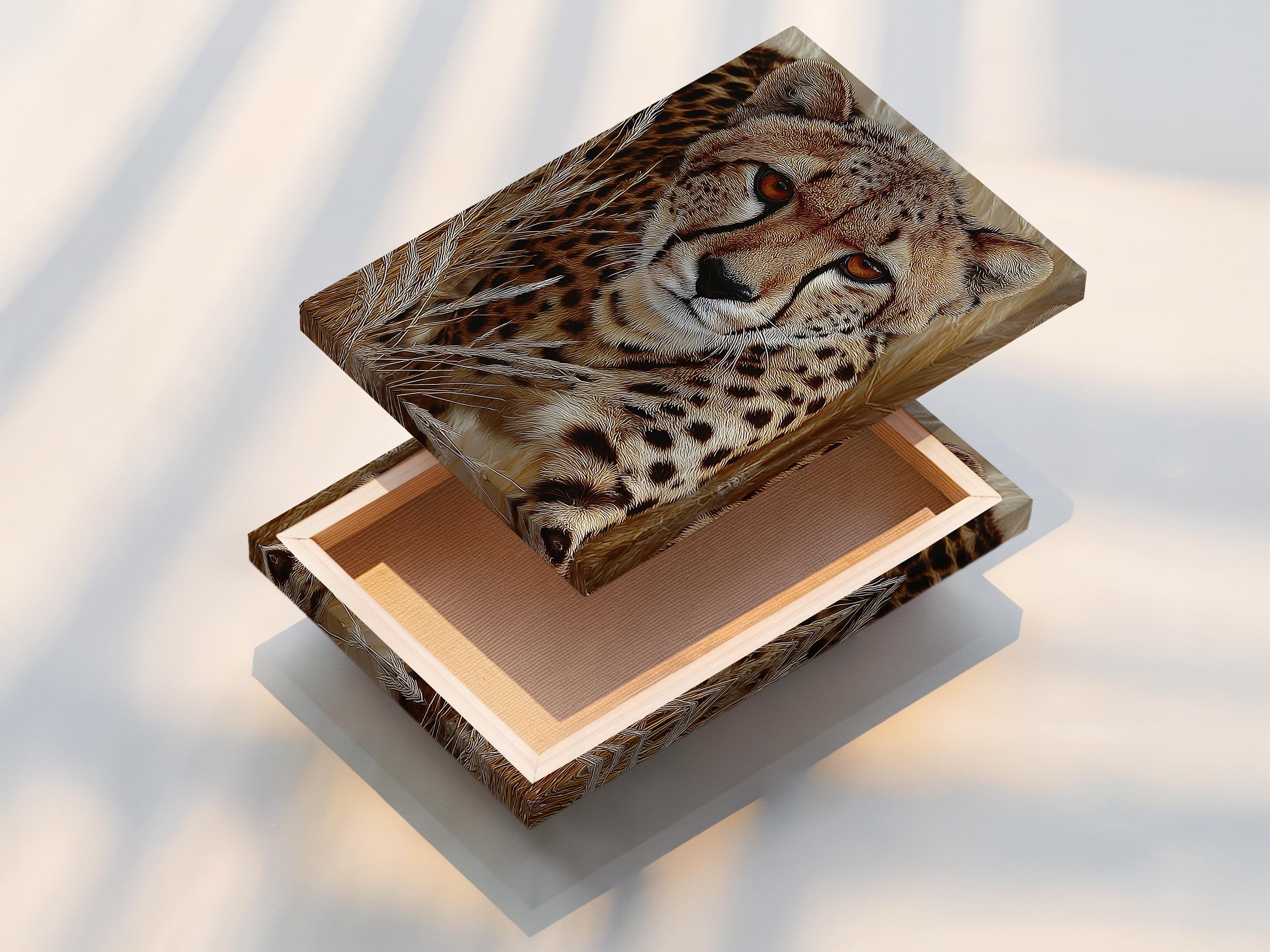 Textured cheetah portrait with amber eyes in warm brown and beige tones detail view