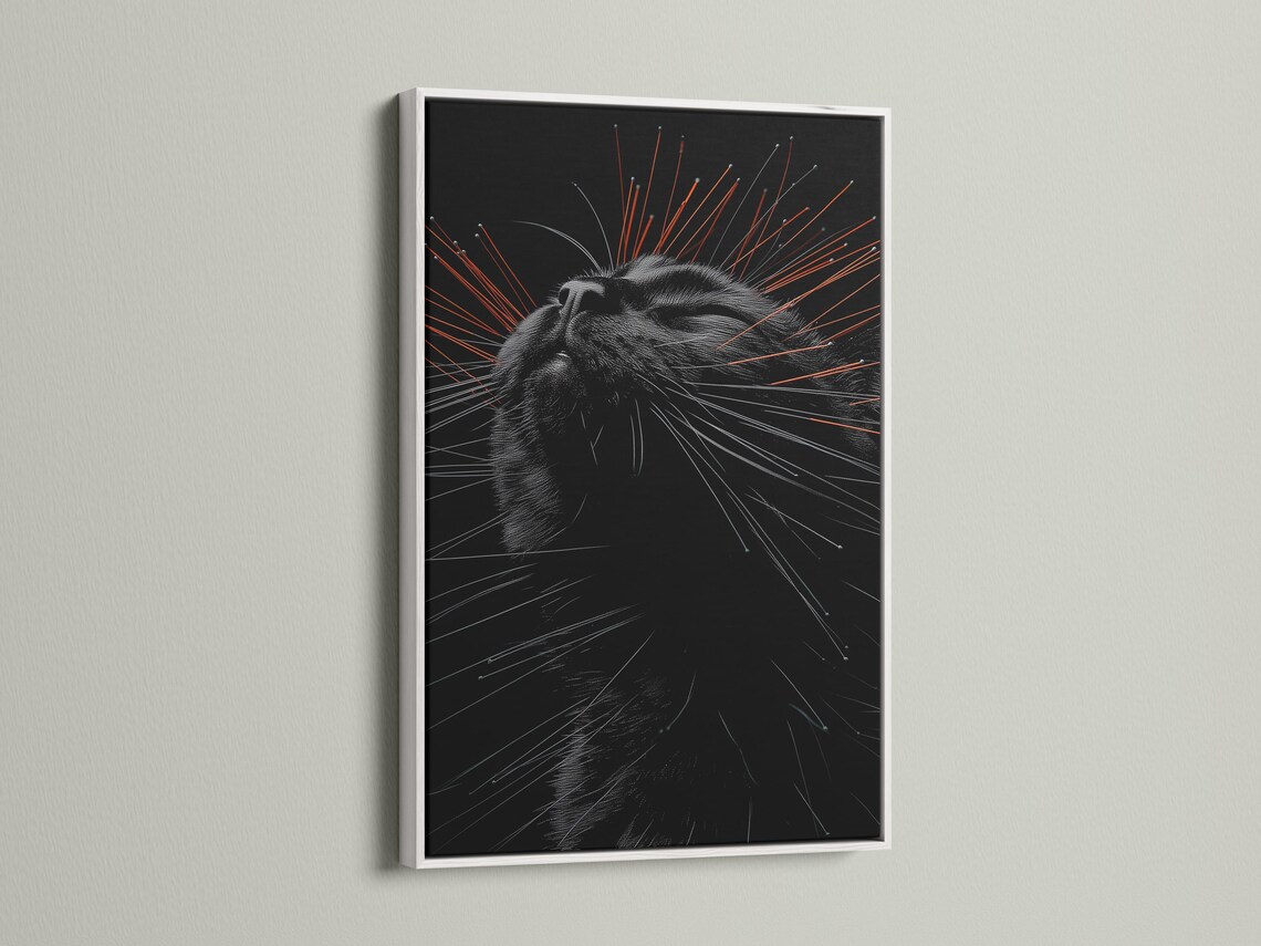 Stylised black cat portrait with radiating grey lines and orange streak accents detail view