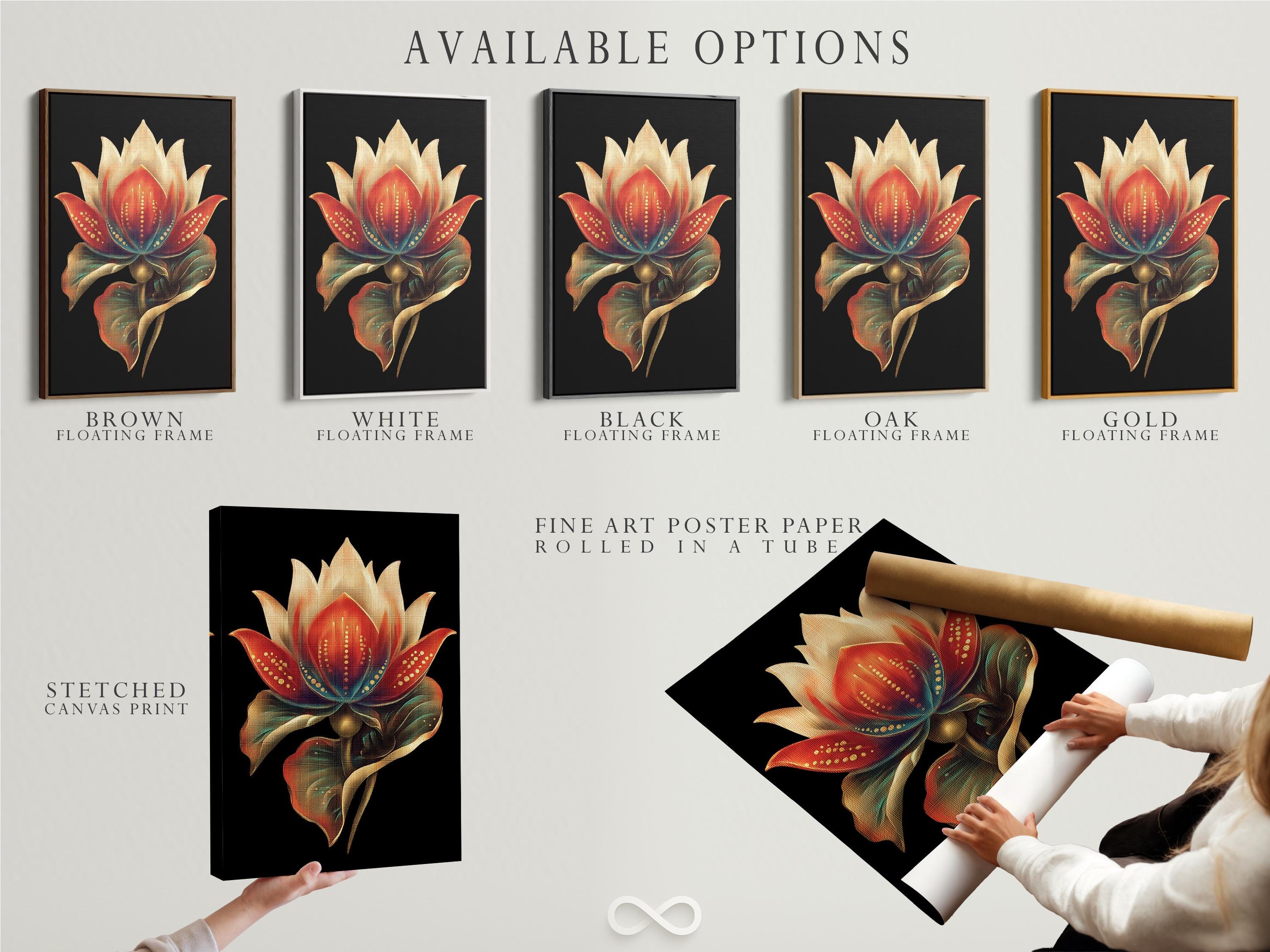 Person in a beige outfit standing beside a plant, with a lotus flower framed artwork above a wooden bench