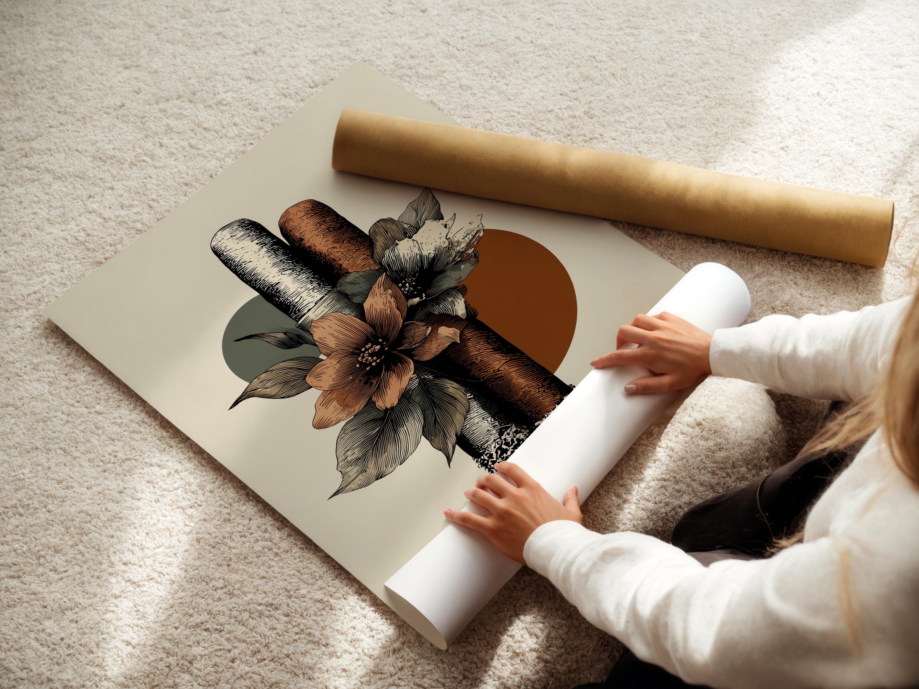 Botanical illustration of a textured cigar surrounded by terracotta flowers and dark leaves on an off-white background detail view