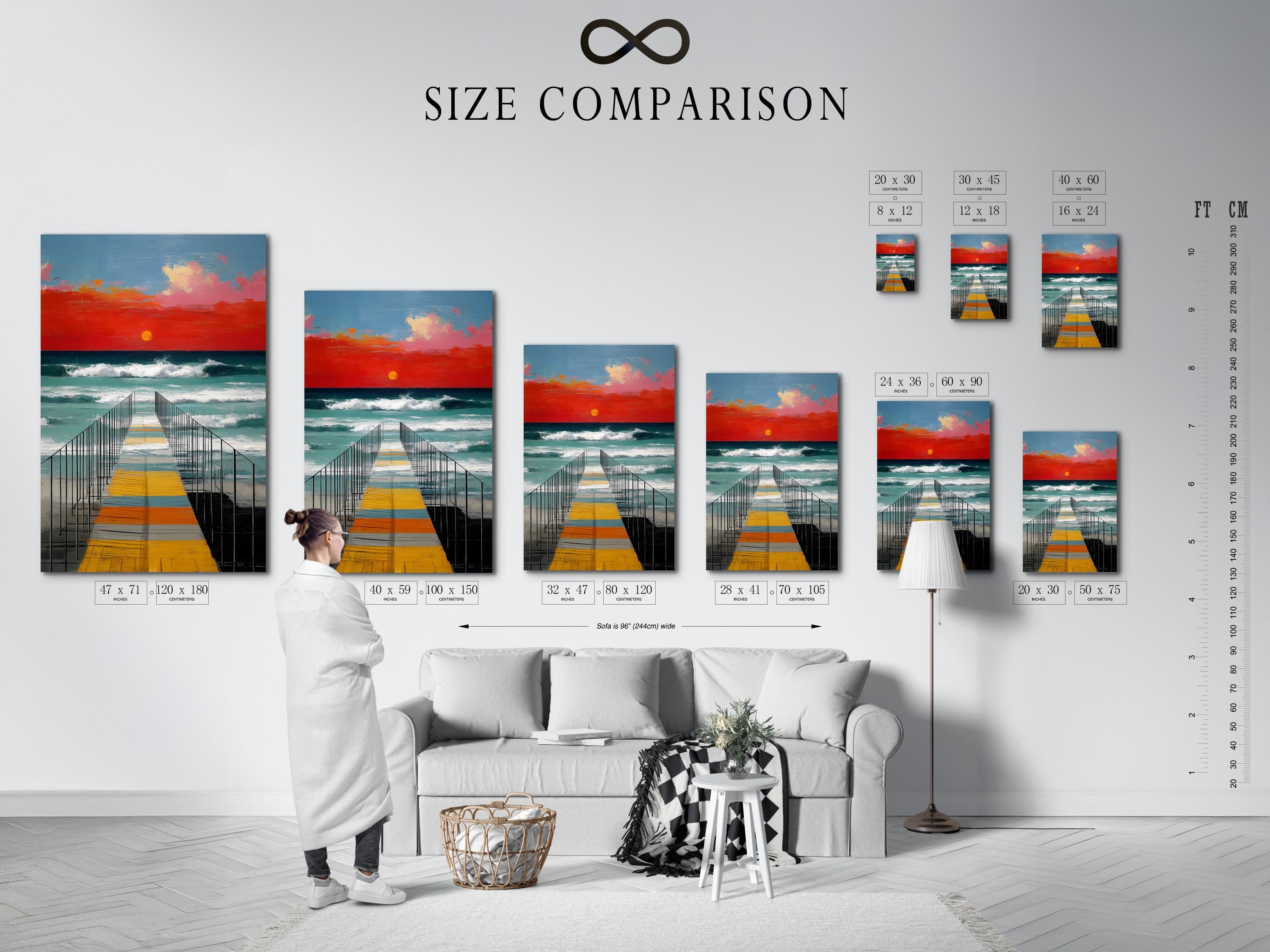 Sunset pier seascape wall art mockup on a light background with framed versions shown