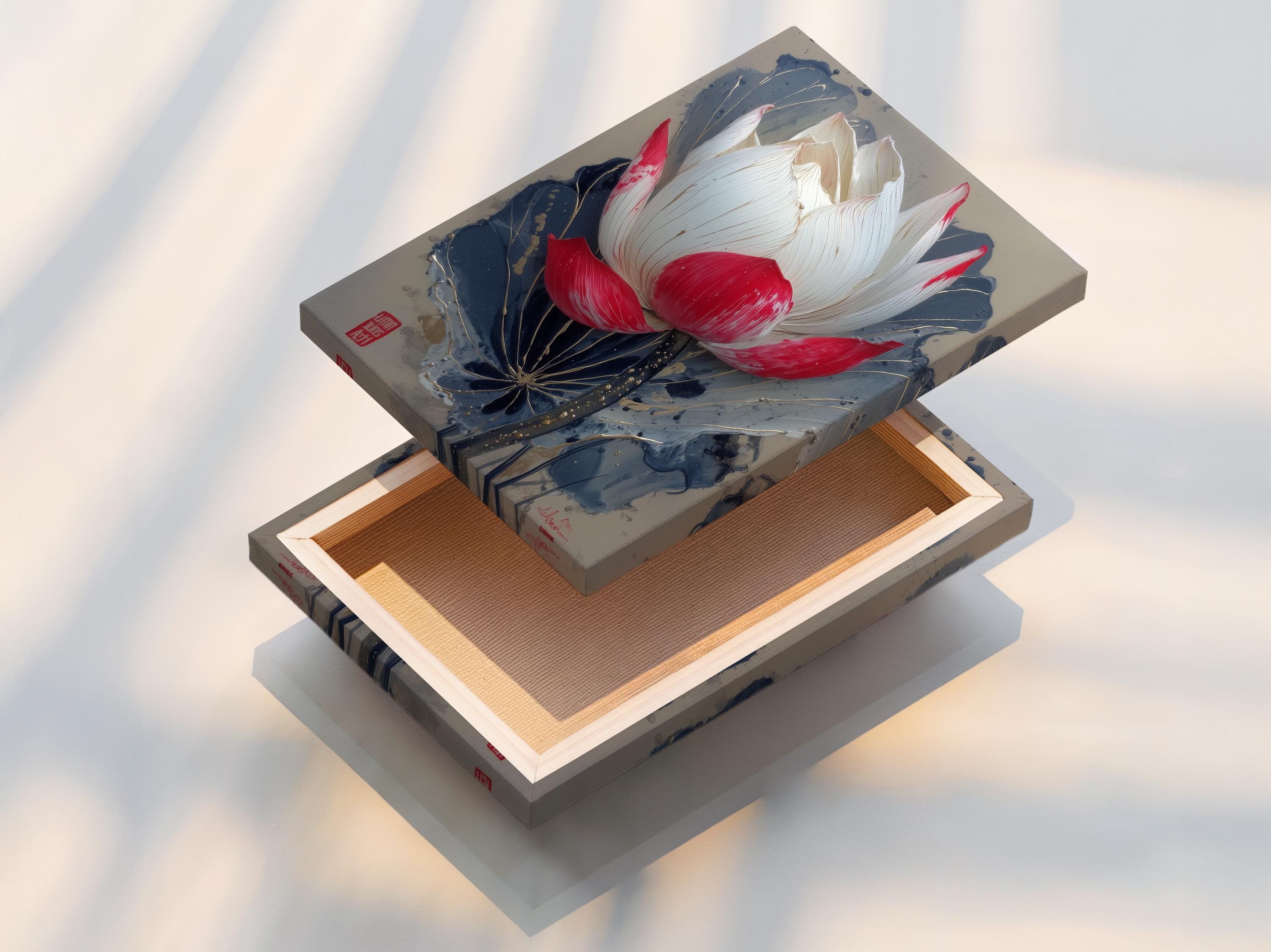 Lotus flower painting with white and red petals over deep blue leaves and gold speckles detail view