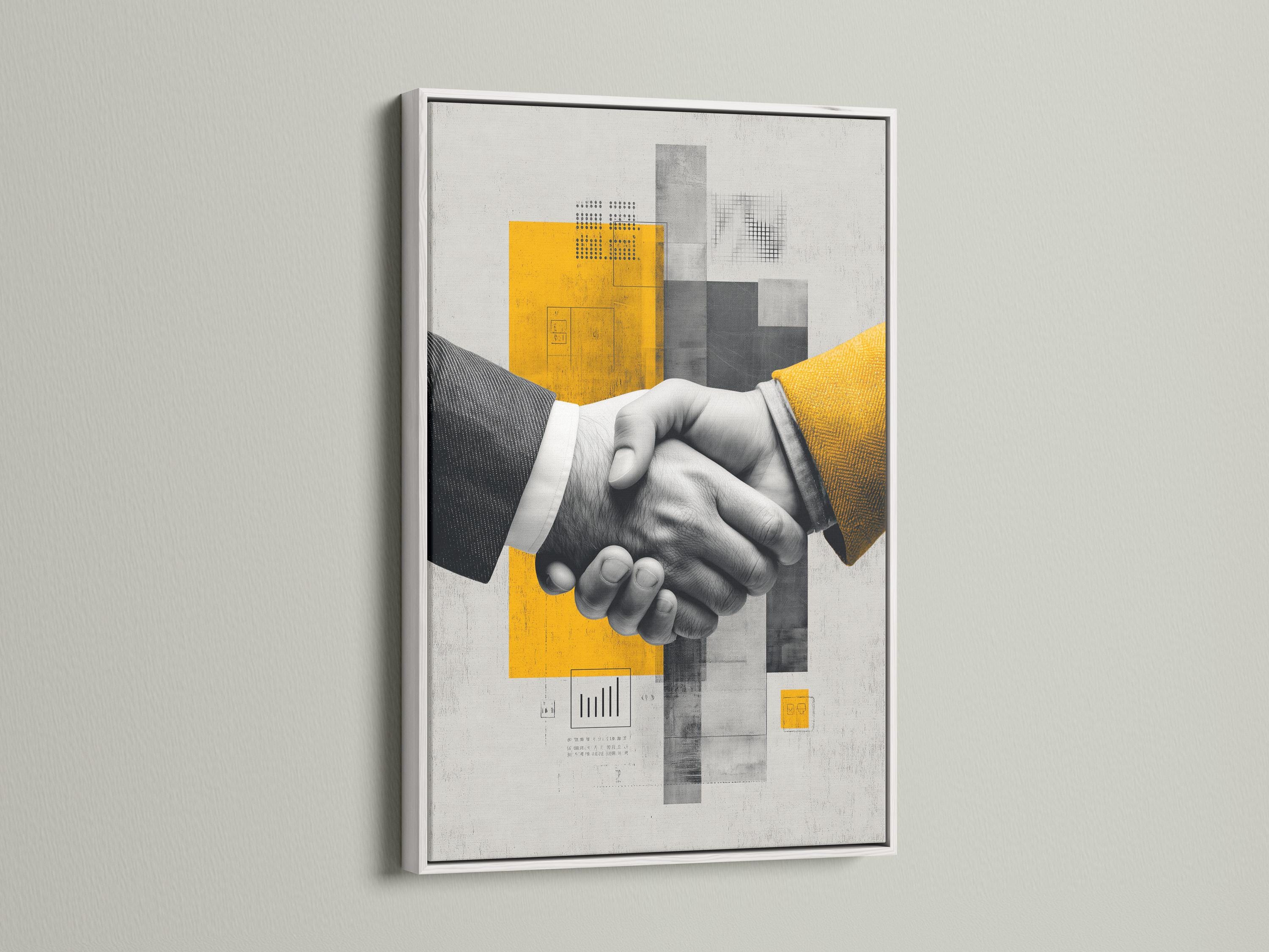 Black-and-white handshake centred in a geometric grey and yellow abstract design detail view