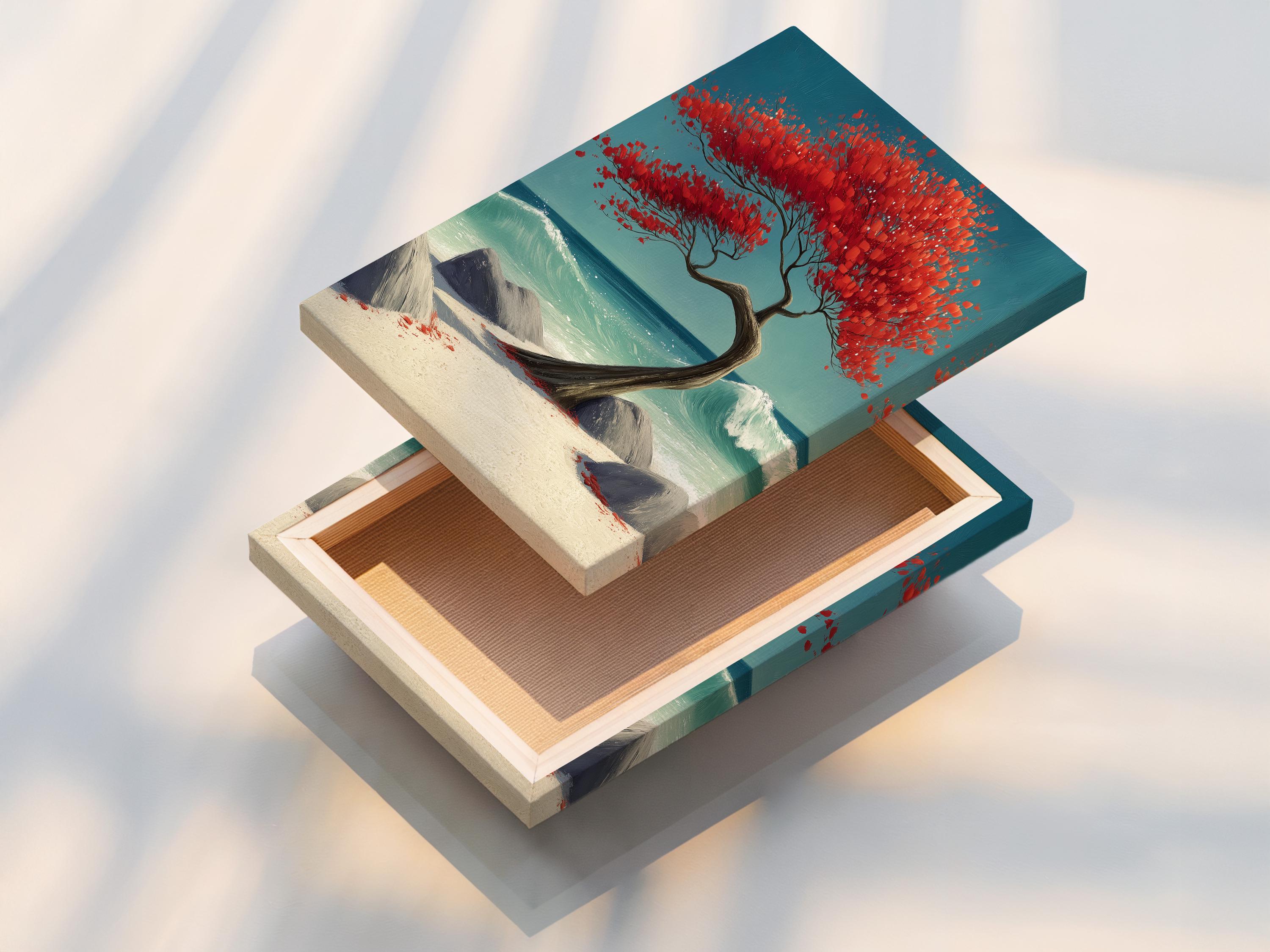 Red tree with spreading branches on a turquoise ocean beach with rocks and foamy waves detail view