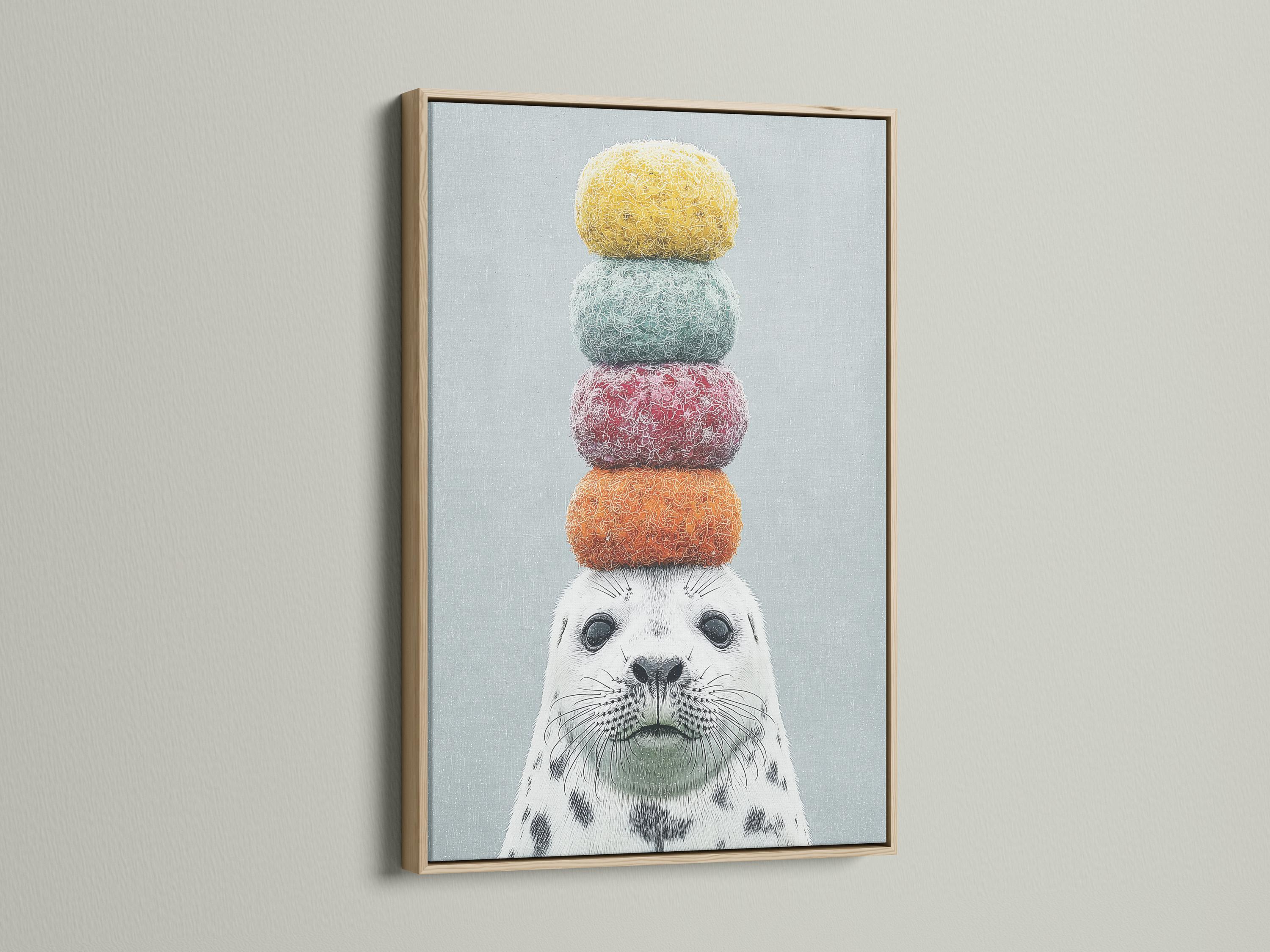 Seal wall art mockup with stacked pastel pom-pom balls